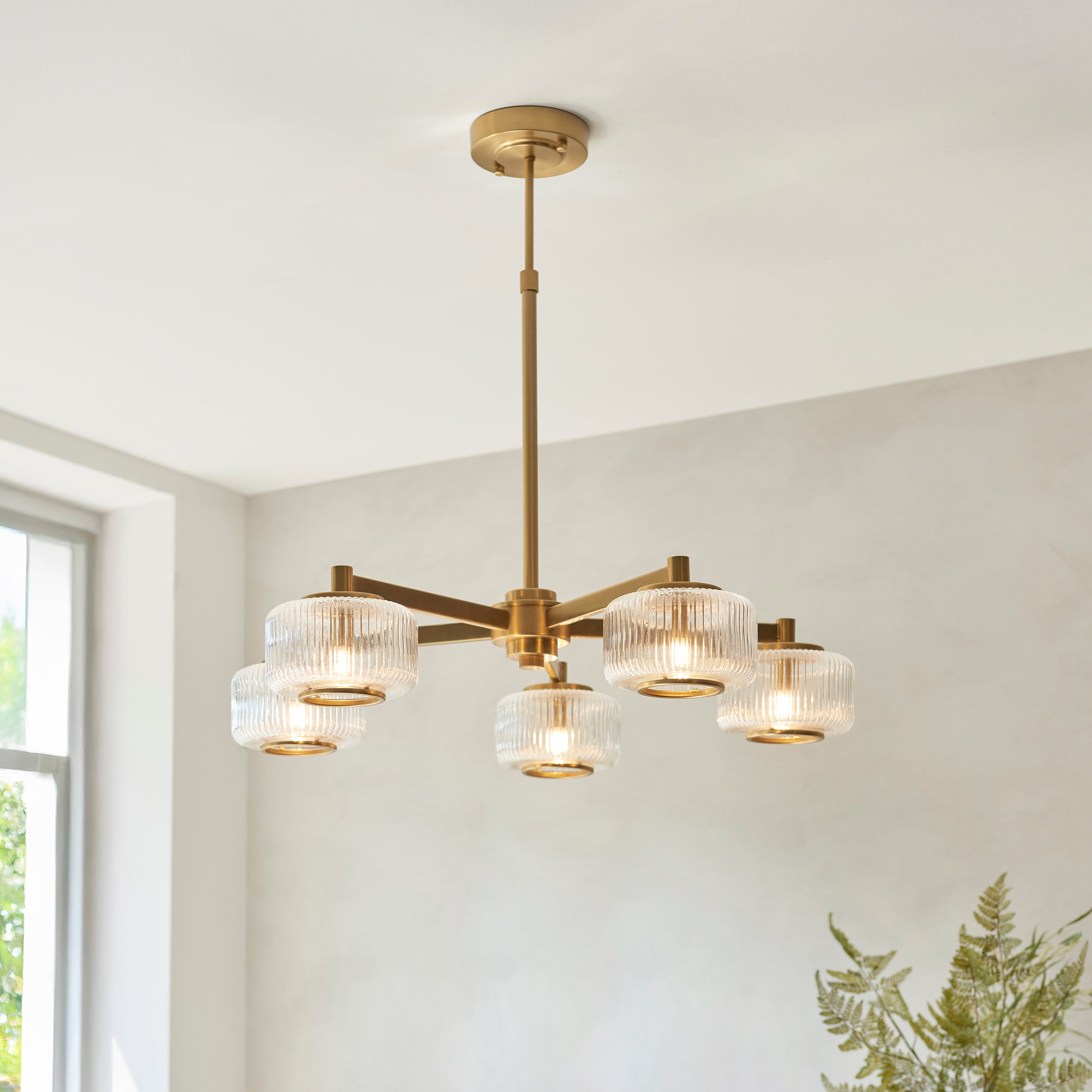Endon Stamford 5 Light Pendant - Brushed Aged Brass Plate & Clear Ribbed Glass