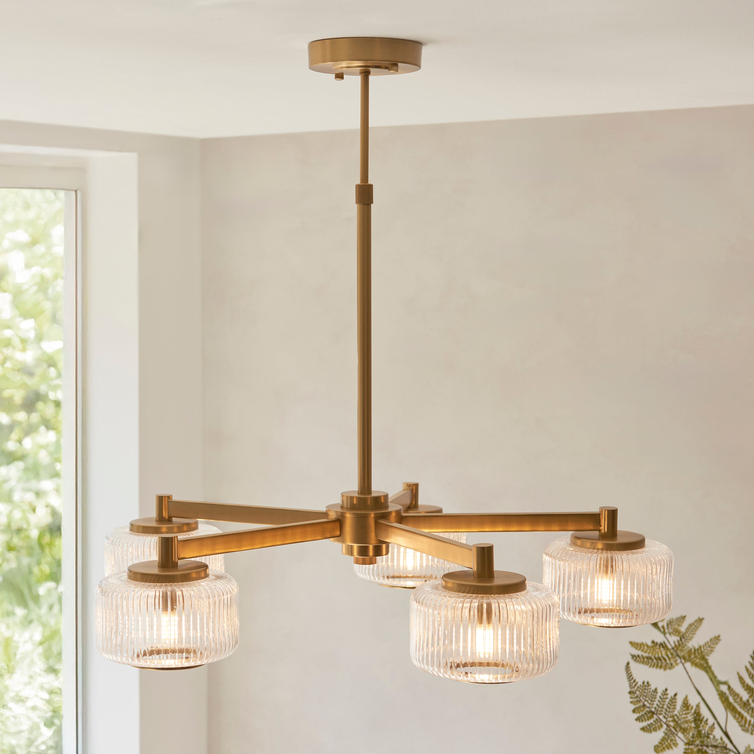 Endon Stamford 5 Light Pendant - Brushed Aged Brass Plate & Clear Ribbed Glass
