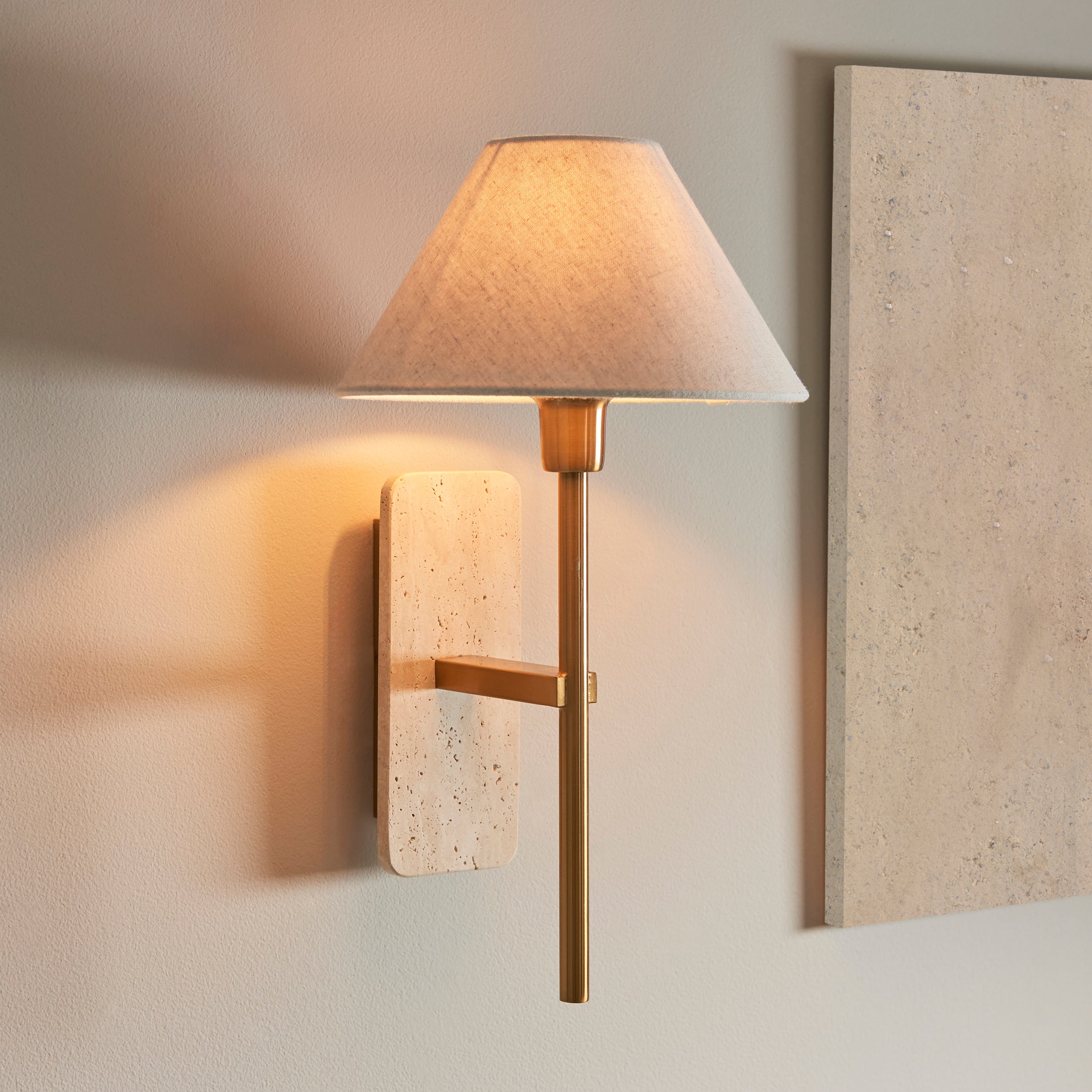 Endon Faro Wall Light -  Natural Travertine & Vintage Brass With Natural Linen