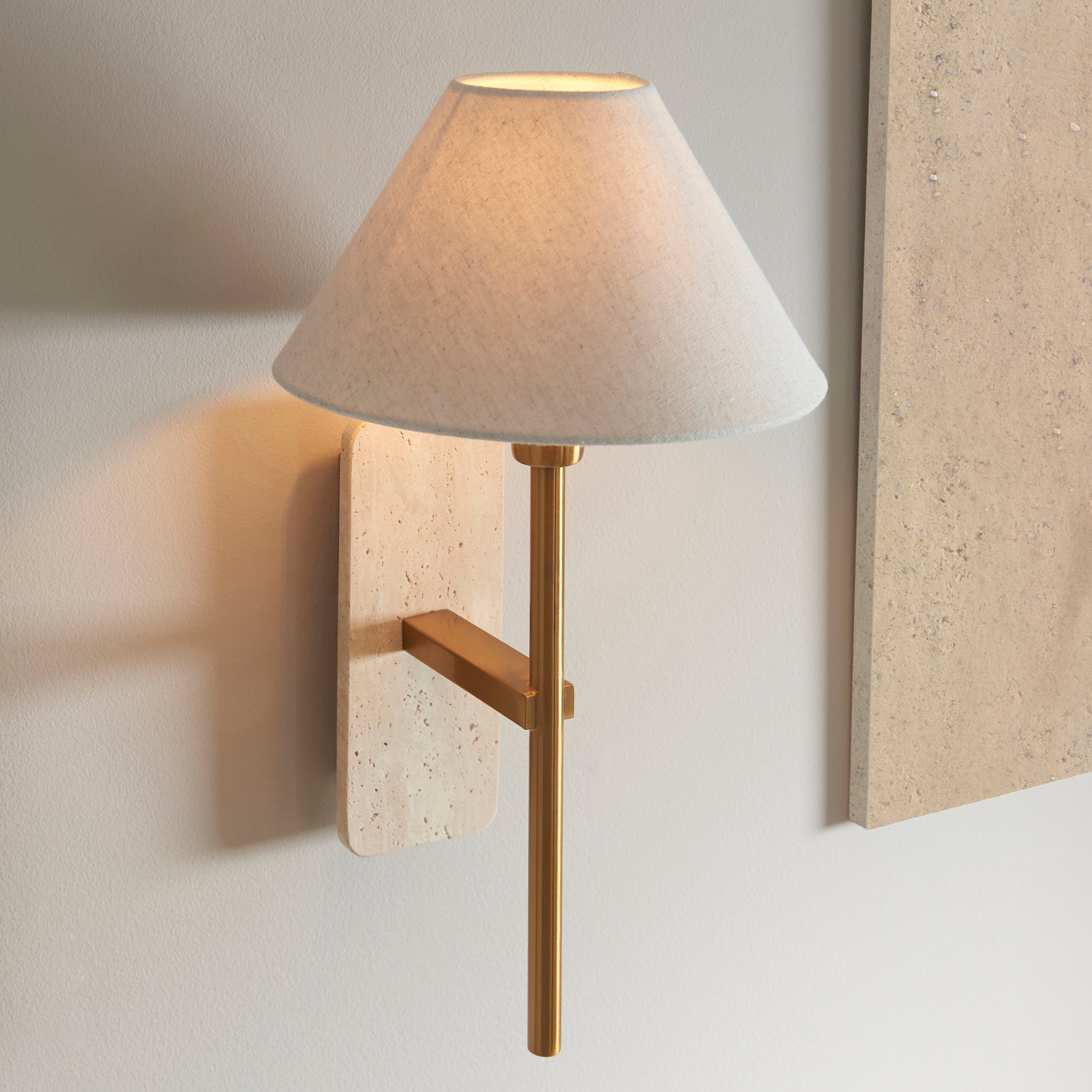 Endon Faro Wall Light -  Natural Travertine & Vintage Brass With Natural Linen