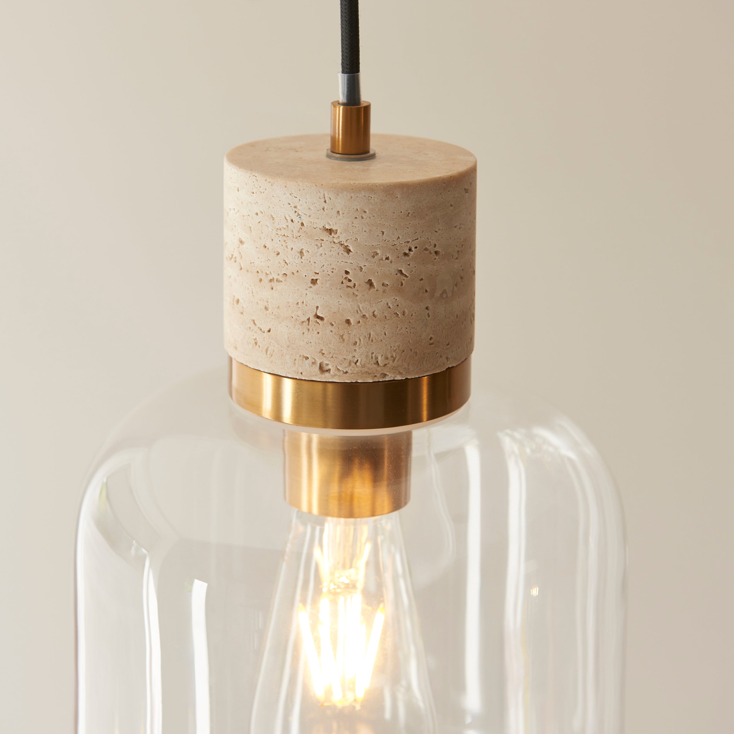 Endon Travi Pendant - Natural Travertine, Vintage Brass & Clear Glass