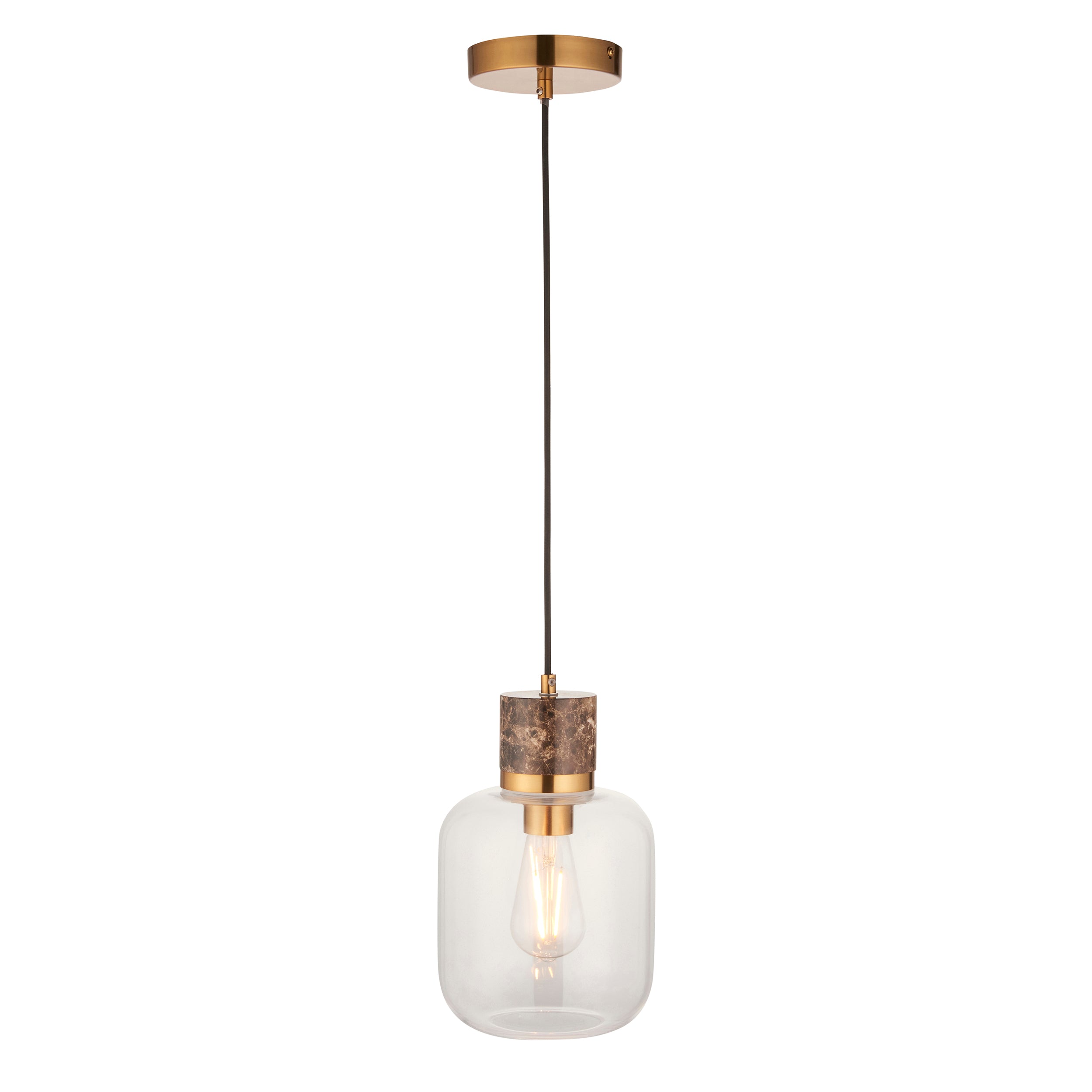 Endon Travi Pendant - Dark Brown Emperador Marble, Vintage Brass & Clear Glass