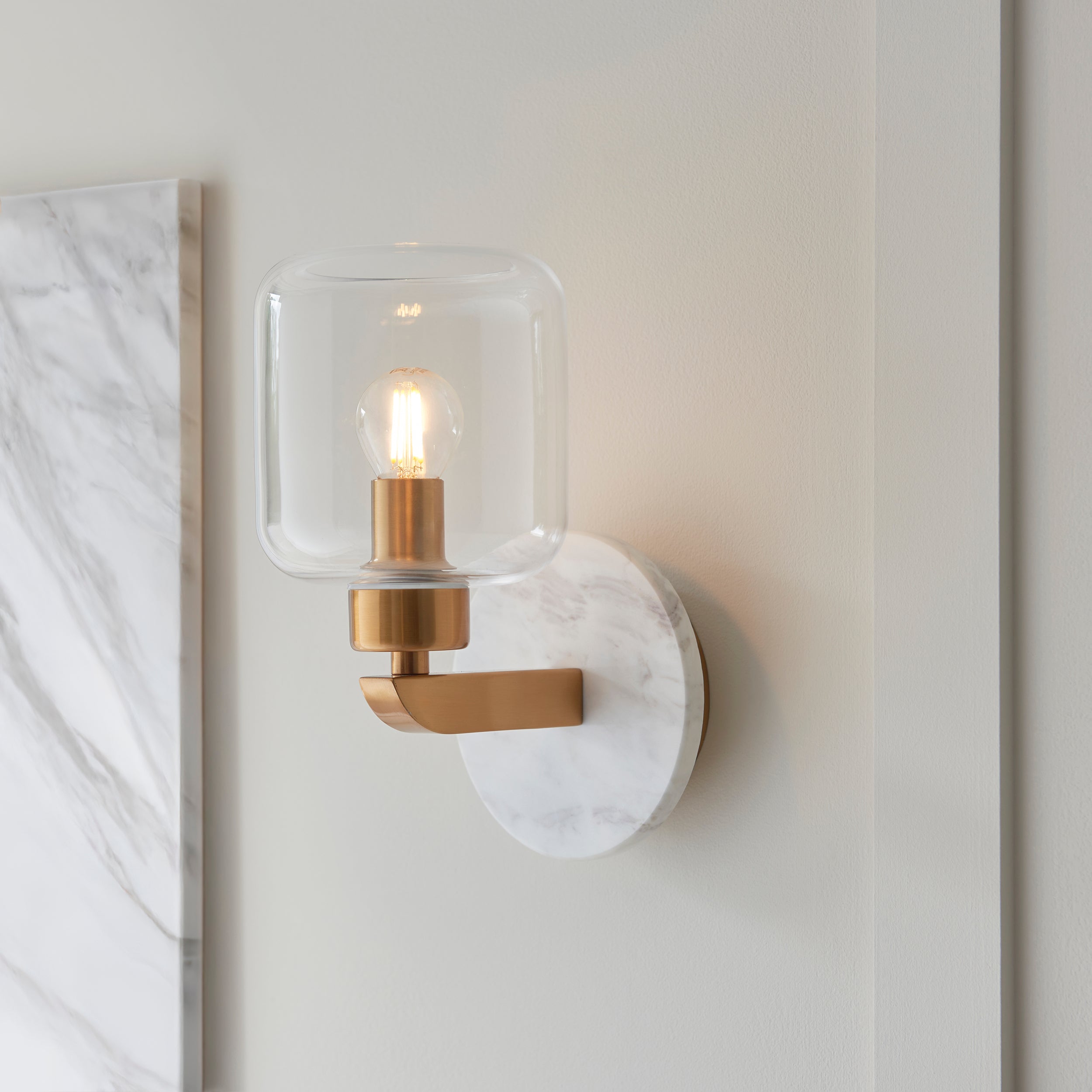 Endon Travi Wall Light - White Volakas Marble, Vintage Brass & Clear Glass