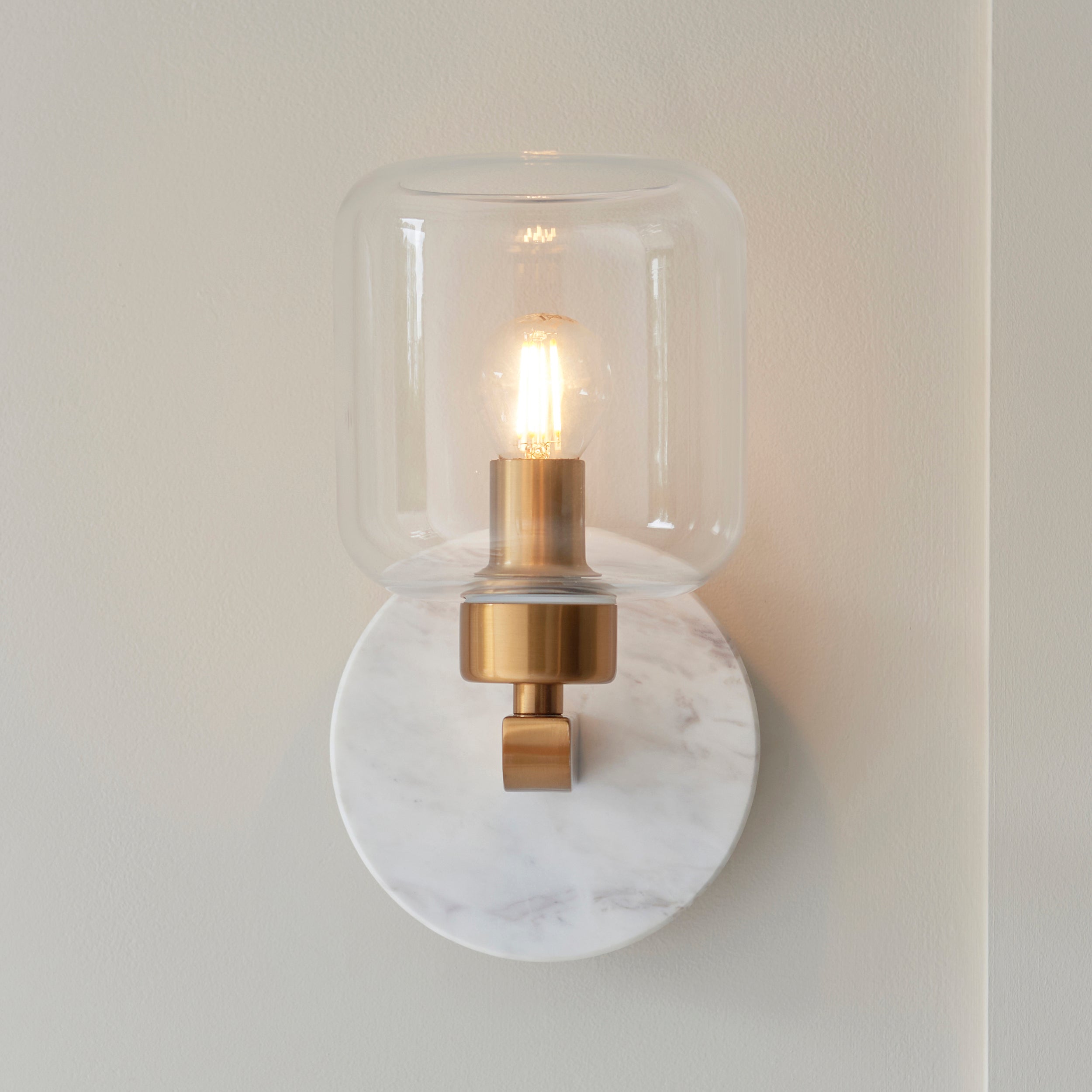 Endon Travi Wall Light - White Volakas Marble, Vintage Brass & Clear Glass
