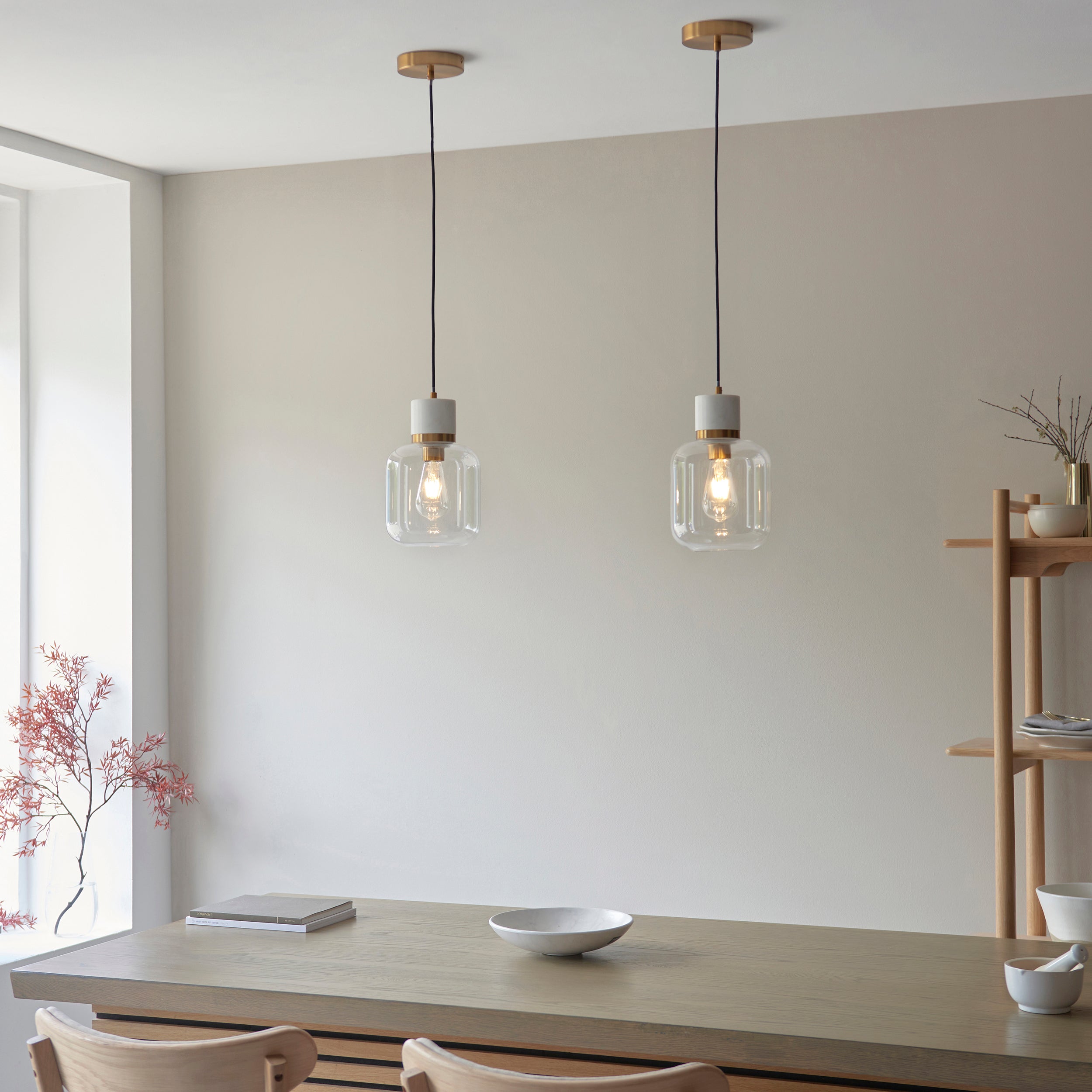 Endon Travi Pendant - White Volakas Marble, Vintage Brass & Clear Glass