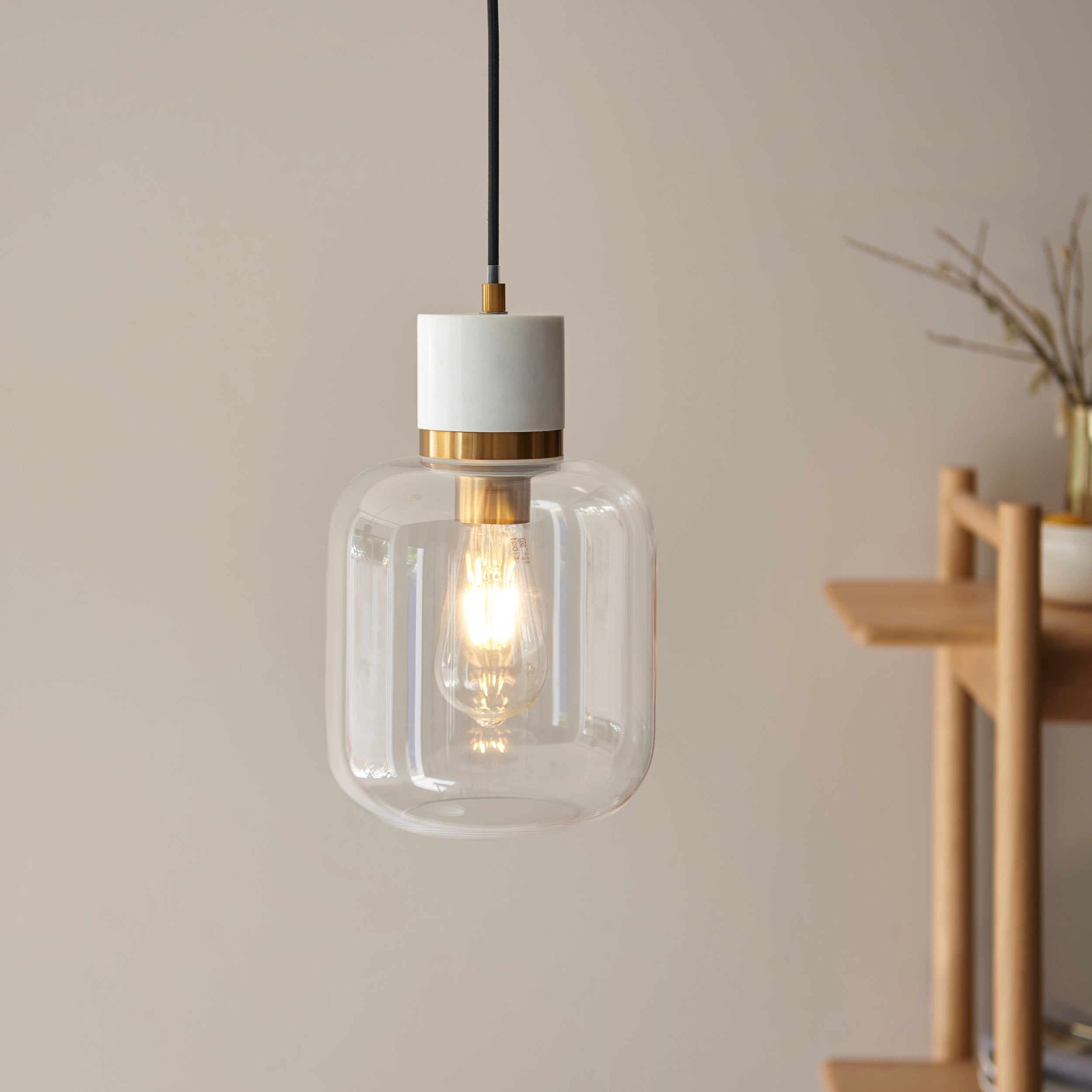 Endon Travi Pendant - White Volakas Marble, Vintage Brass & Clear Glass