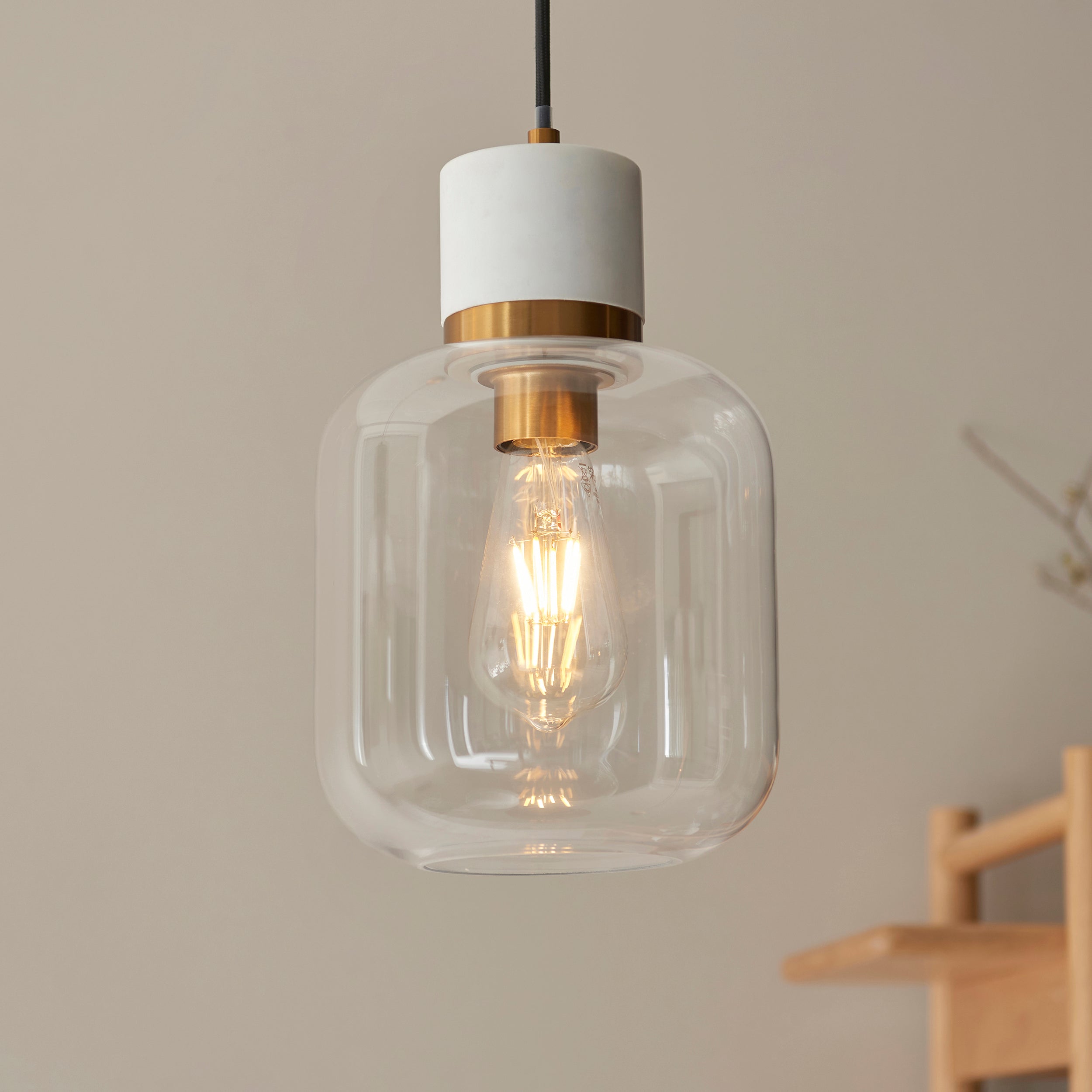 Endon Travi Pendant - White Volakas Marble, Vintage Brass & Clear Glass