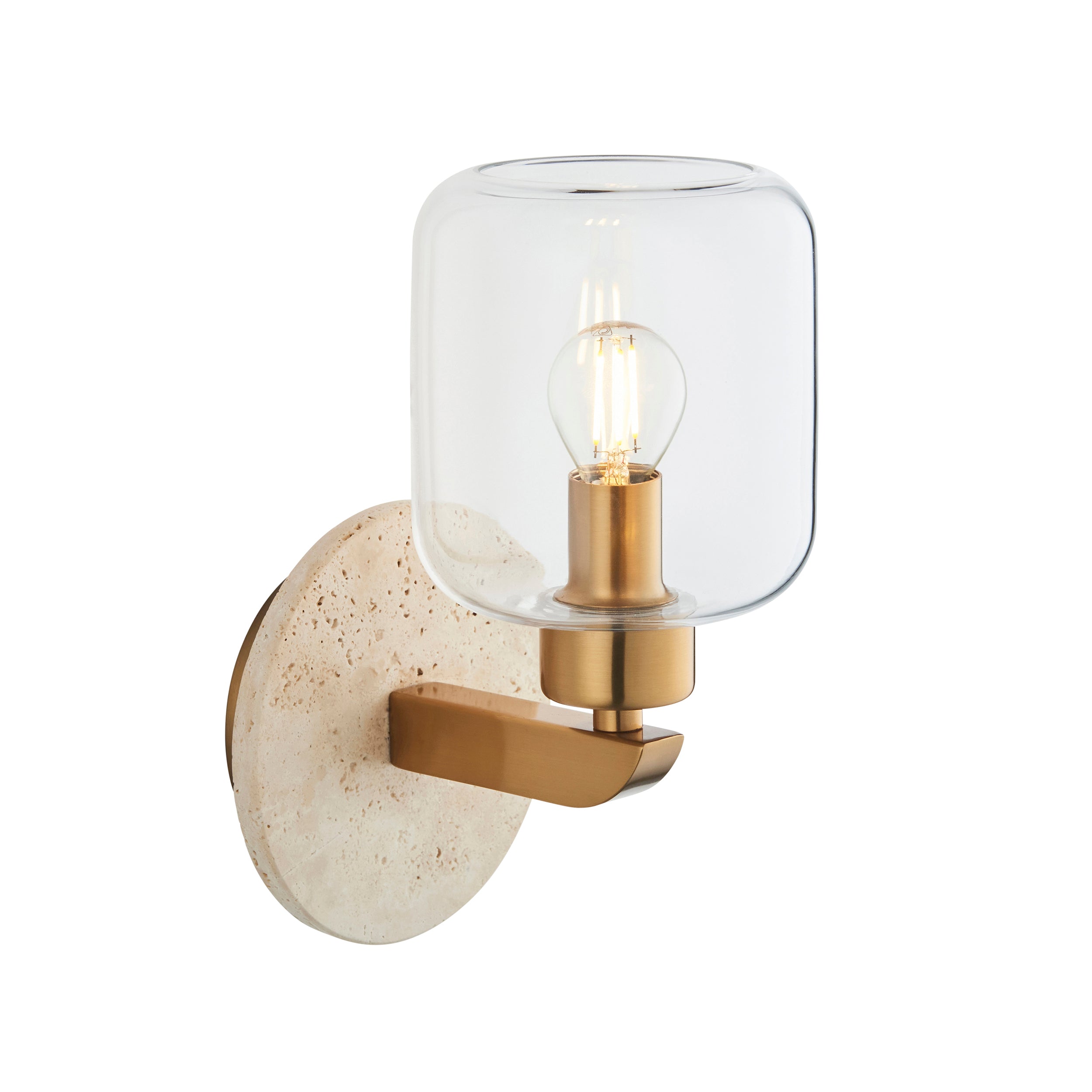 Endon Travi Wall Light - Natural Travertine, Vintage Brass & Clear Glass