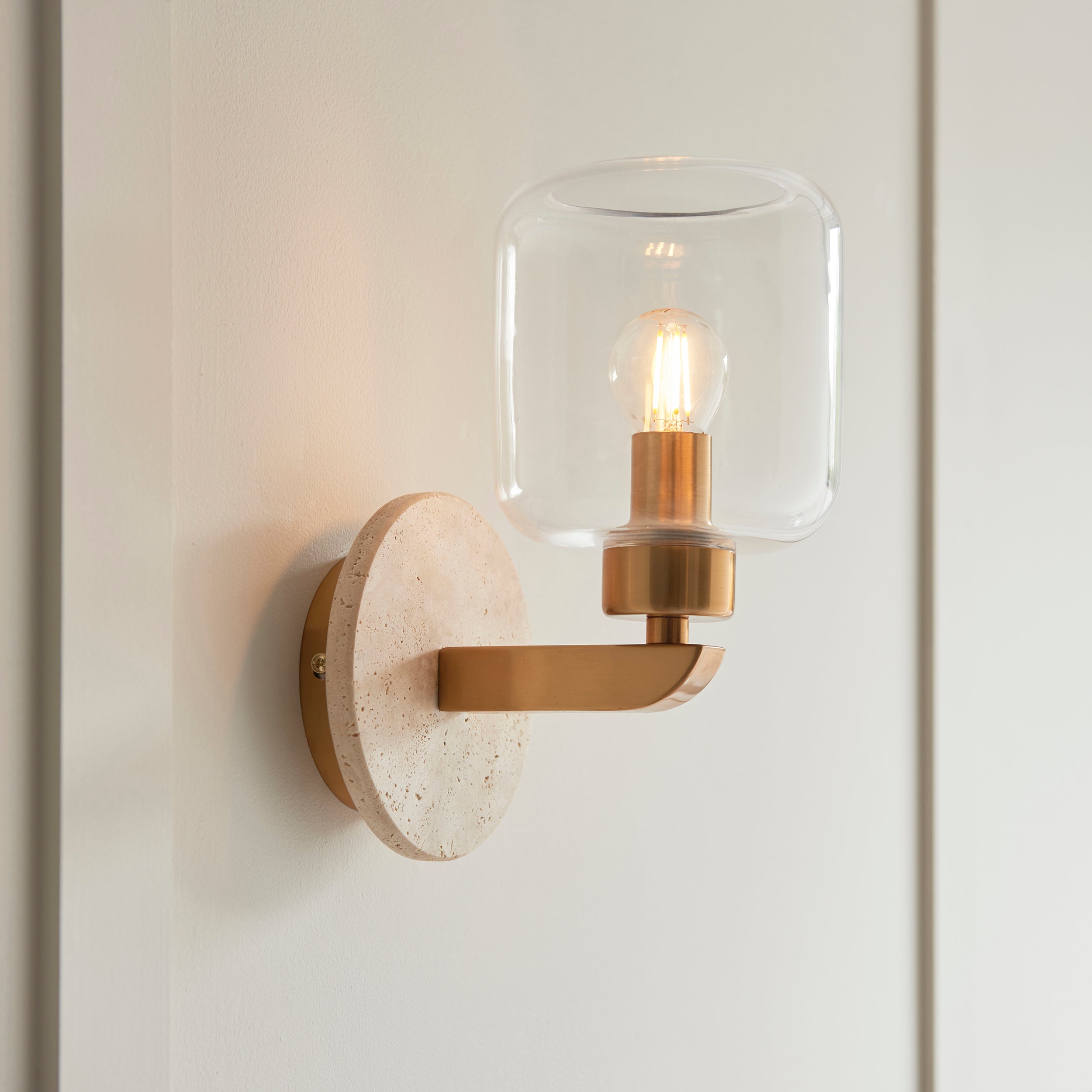 Endon Travi Wall Light - Natural Travertine, Vintage Brass & Clear Glass
