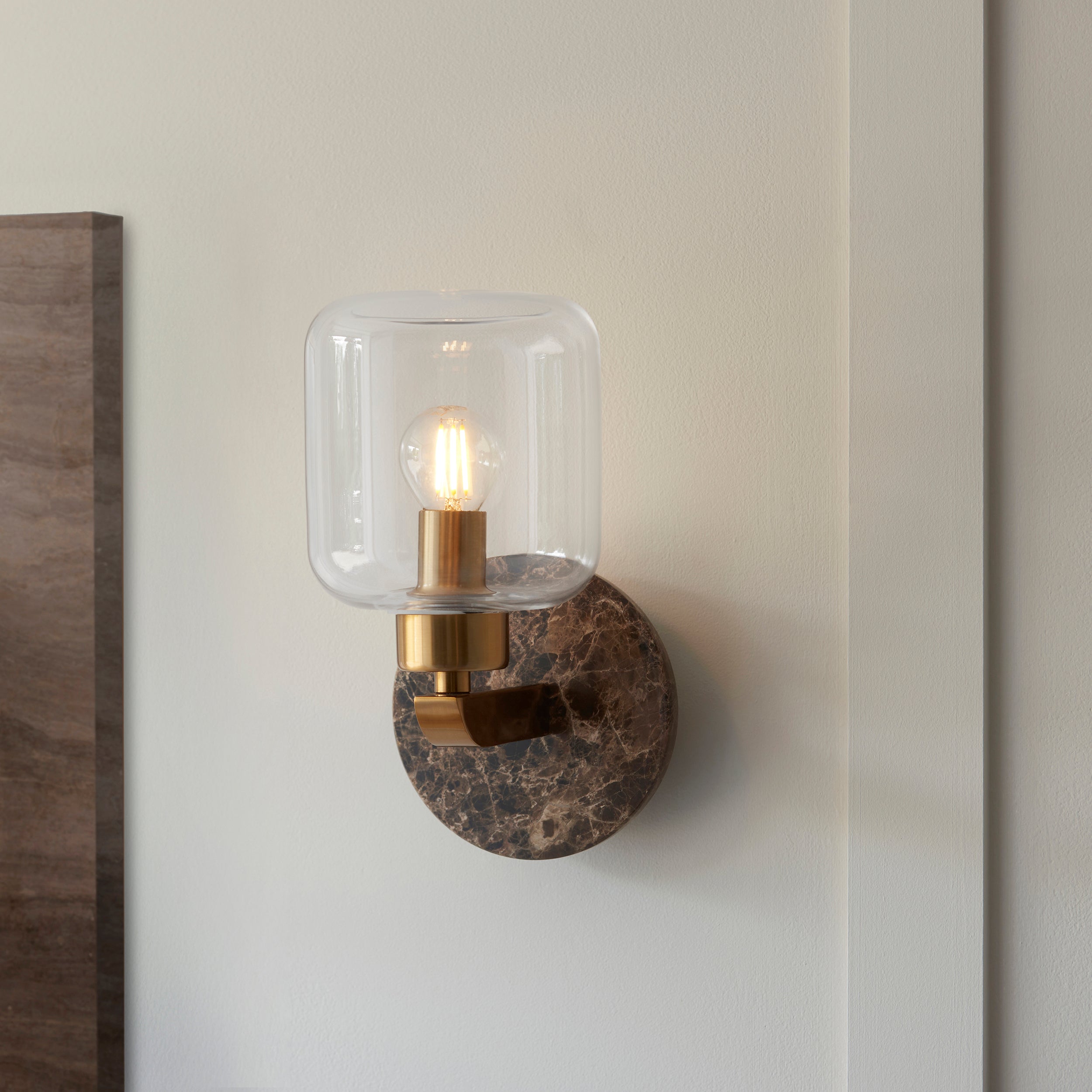Endon Travi Wall Light - Dark Brown Emperador Marble, Vintage Brass & Clear Glass