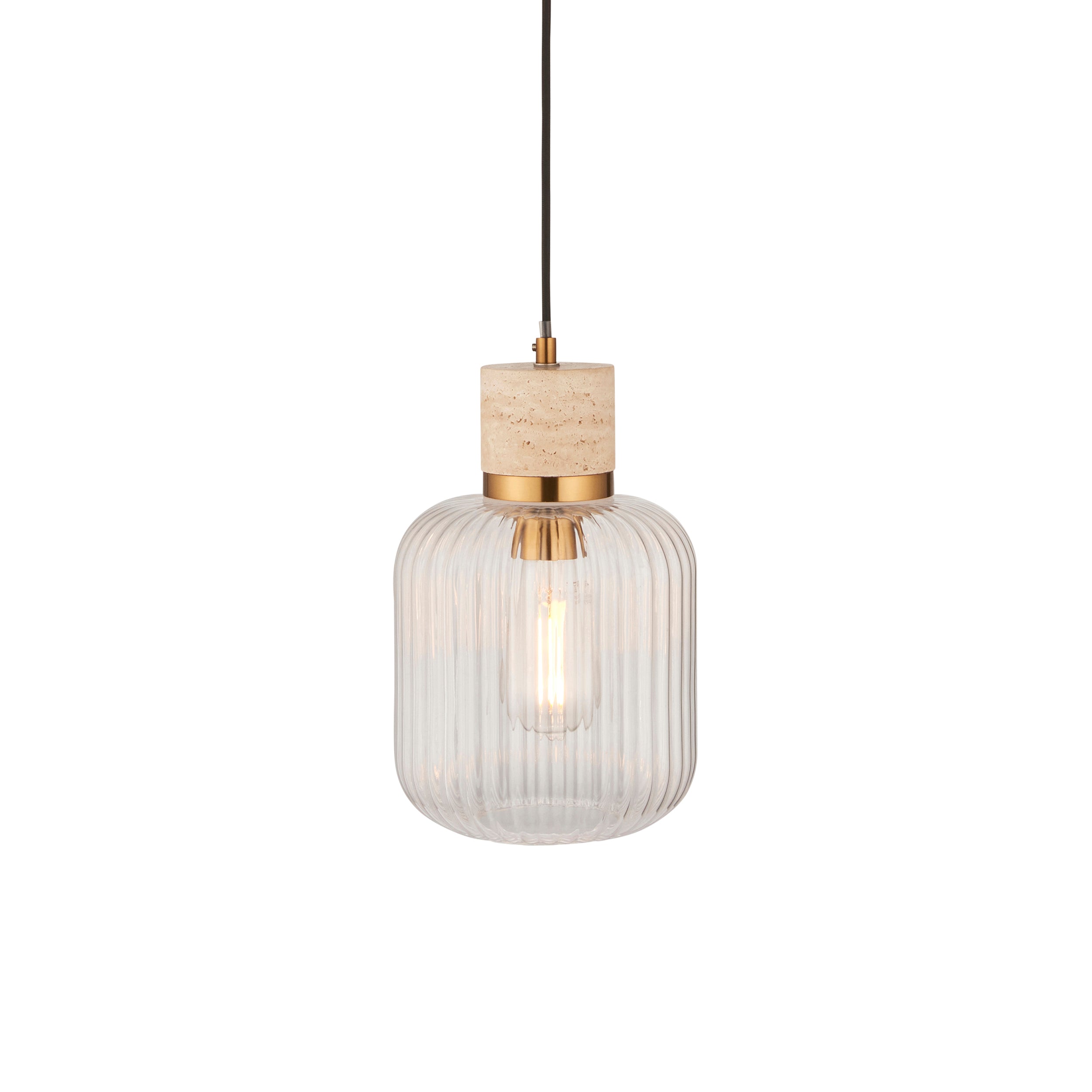 Endon Travi Ribbed Pendant - Natural Travertine, Vintage Brass & Clear Ribbed Glass
