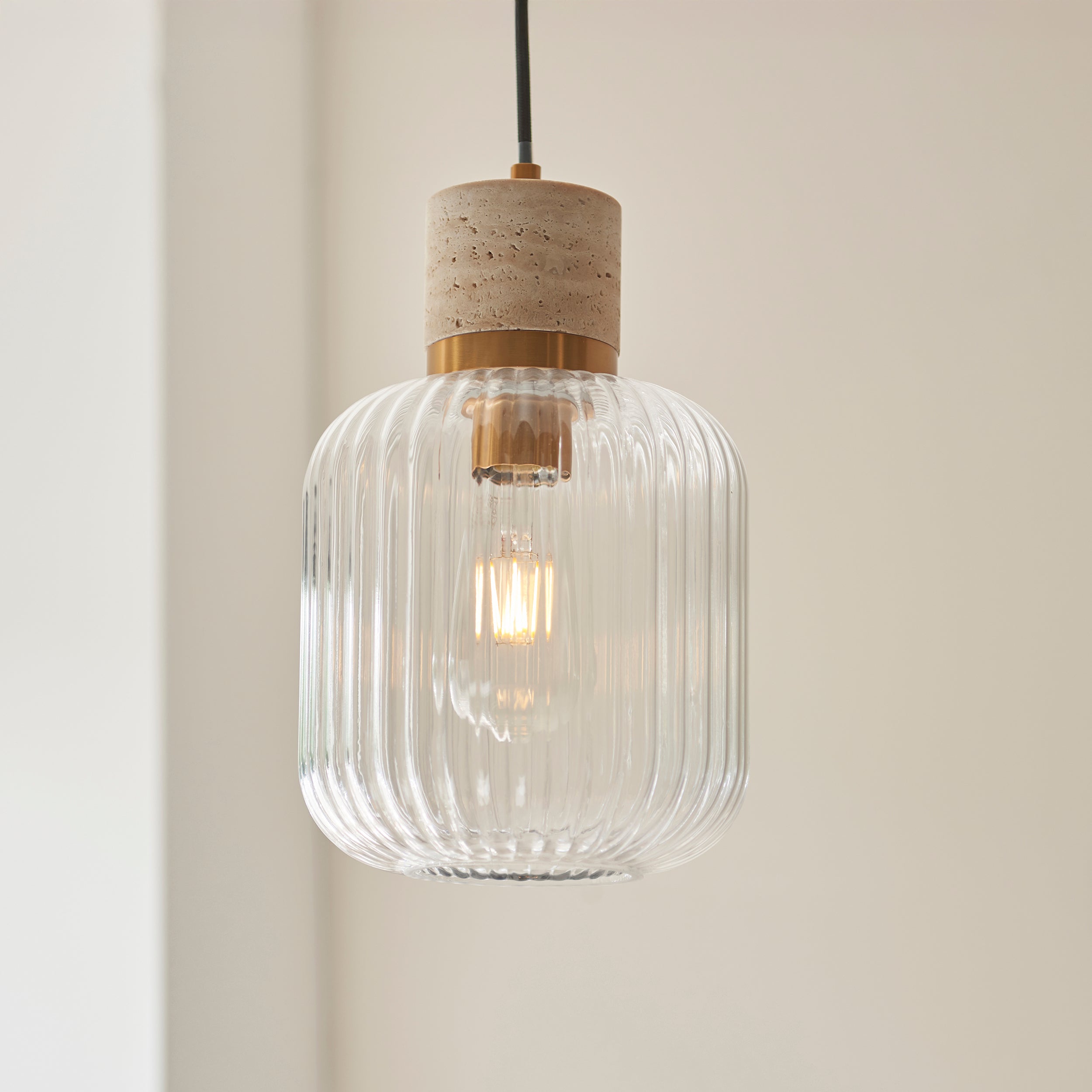 Endon Travi Ribbed Pendant - Natural Travertine, Vintage Brass & Clear Ribbed Glass