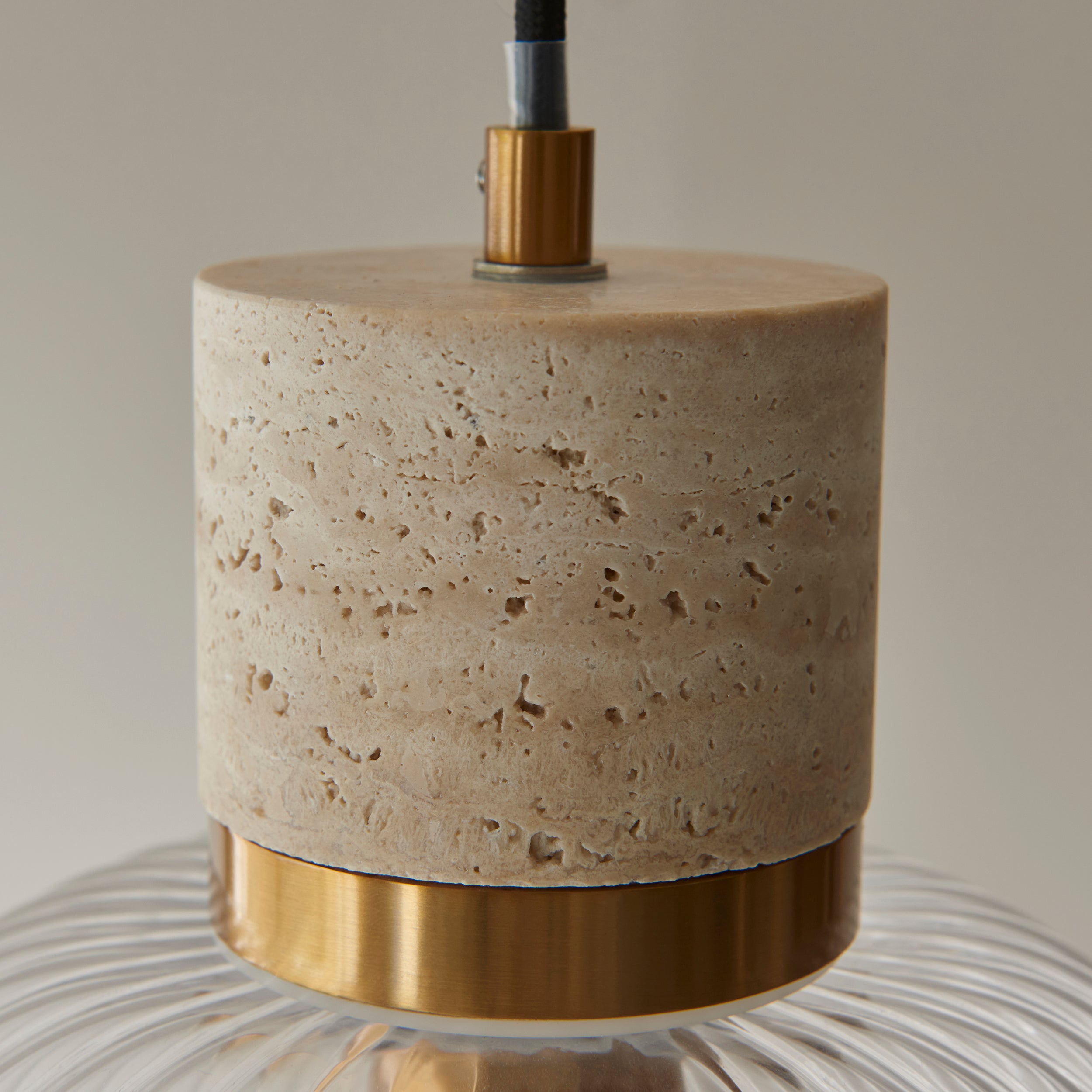 Endon Travi Ribbed Pendant - Natural Travertine, Vintage Brass & Clear Ribbed Glass