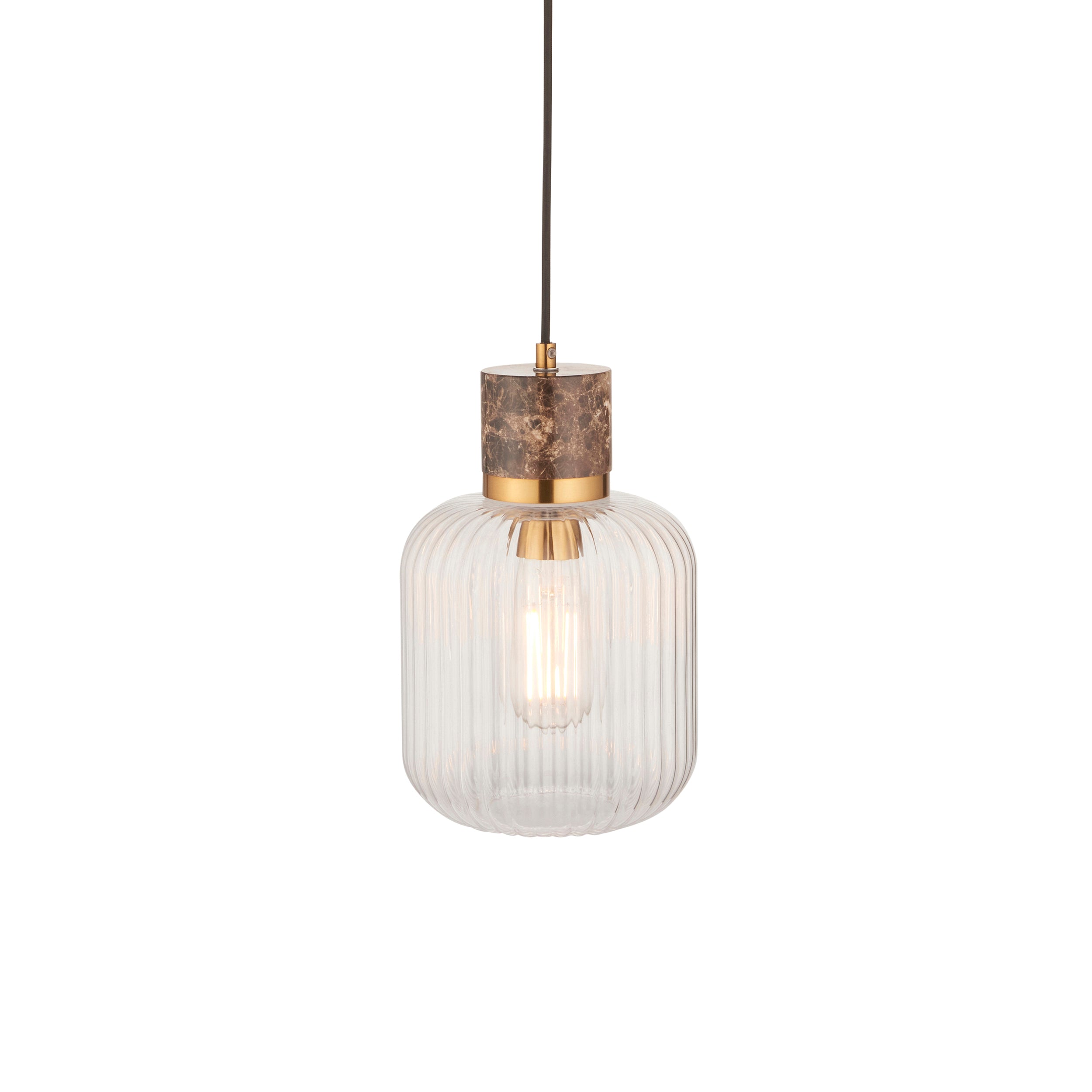 Endon Travi Ribbed Pendant - Dark Brown Emperador Marble, Vintage Brass & Clear Ribbed Glass