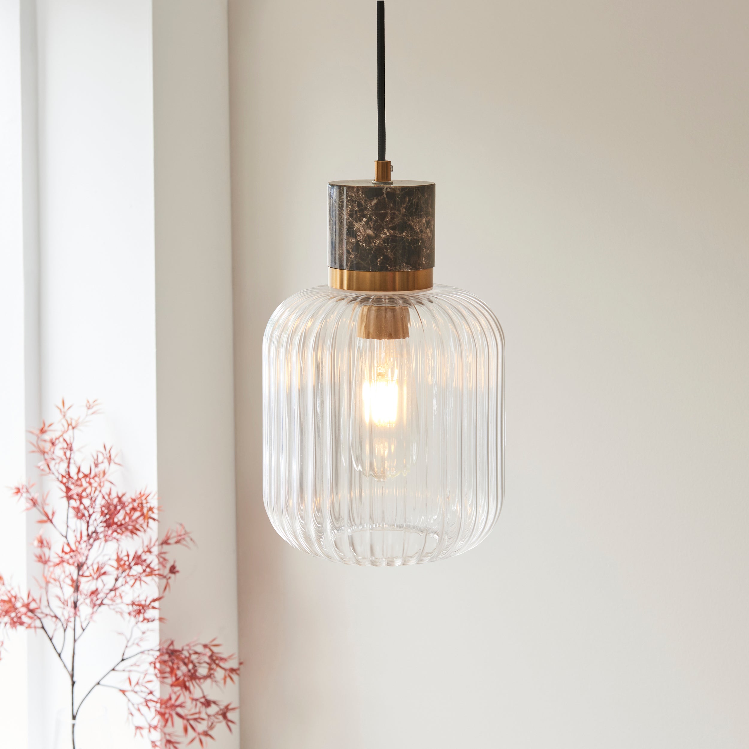 Endon Travi Ribbed Pendant - Dark Brown Emperador Marble, Vintage Brass & Clear Ribbed Glass