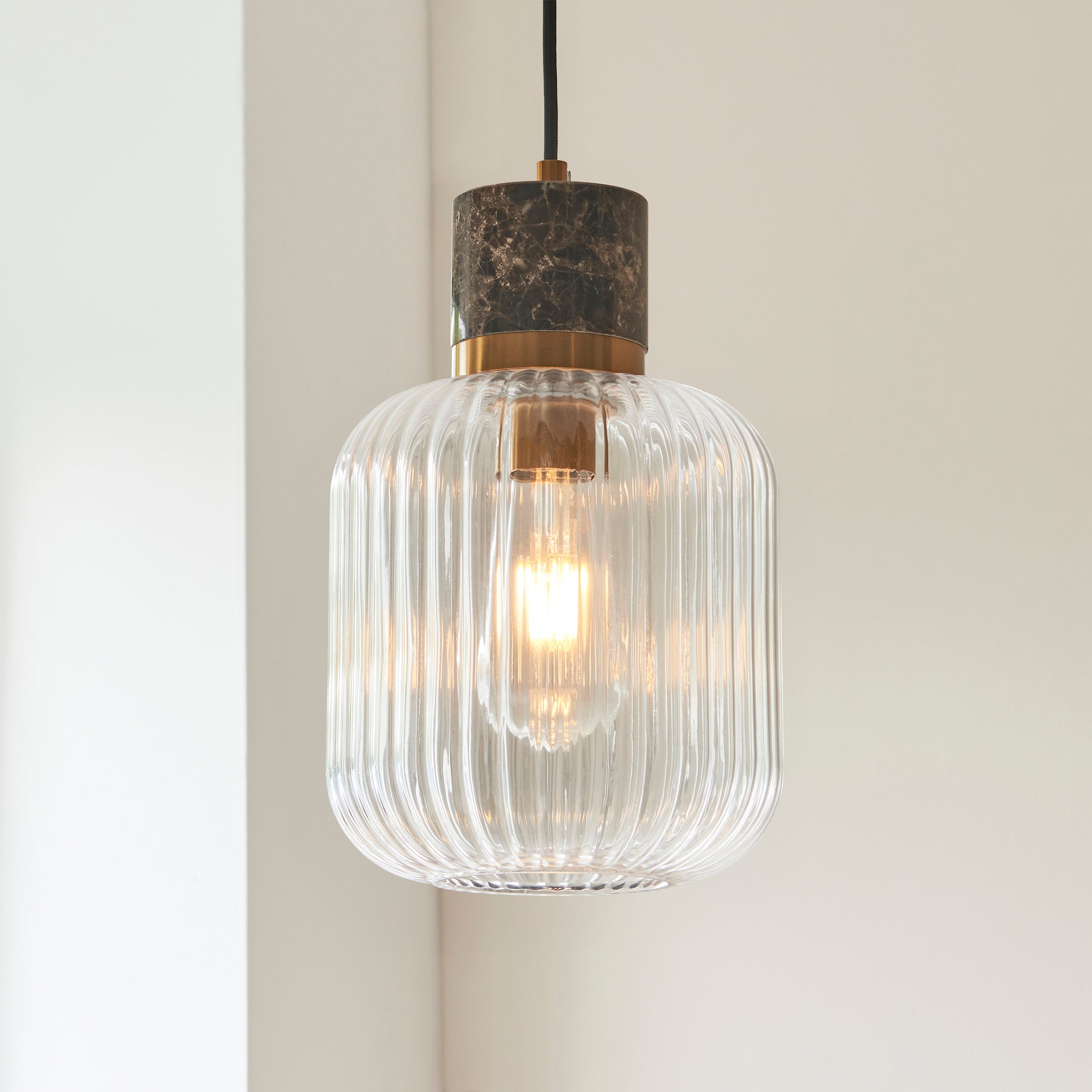 Endon Travi Ribbed Pendant - Dark Brown Emperador Marble, Vintage Brass & Clear Ribbed Glass