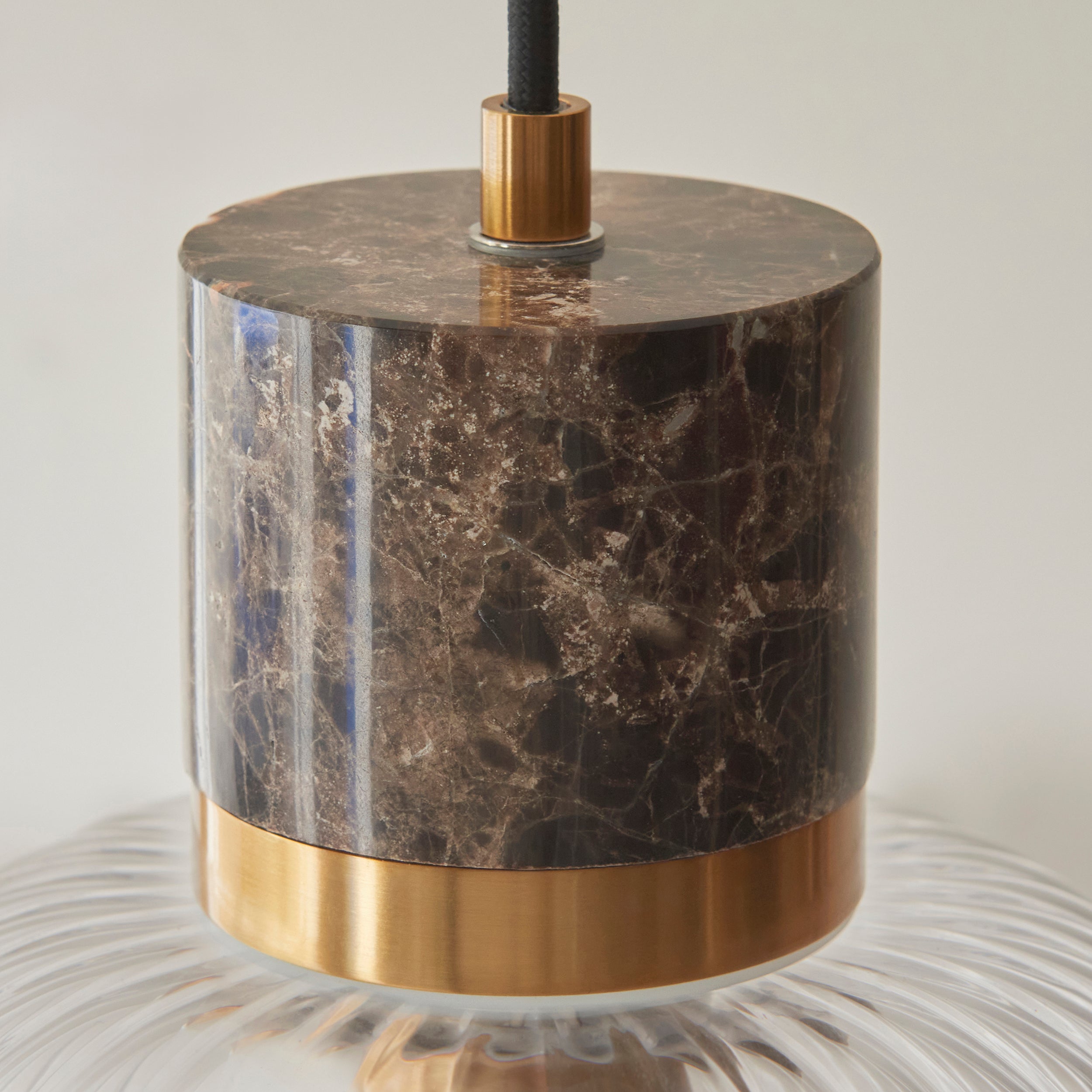 Endon Travi Ribbed Pendant - Dark Brown Emperador Marble, Vintage Brass & Clear Ribbed Glass