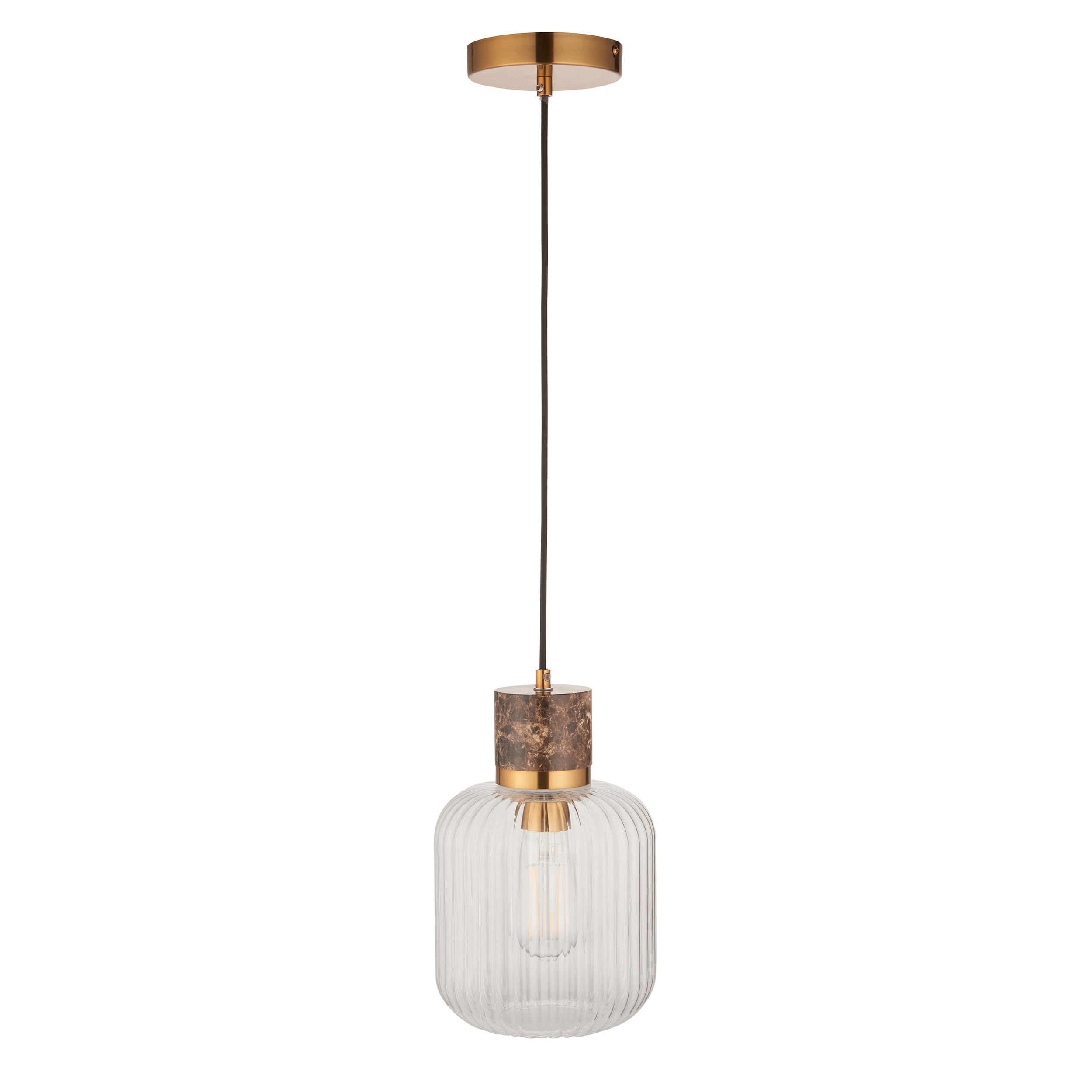 Endon Travi Ribbed Pendant - Dark Brown Emperador Marble, Vintage Brass & Clear Ribbed Glass