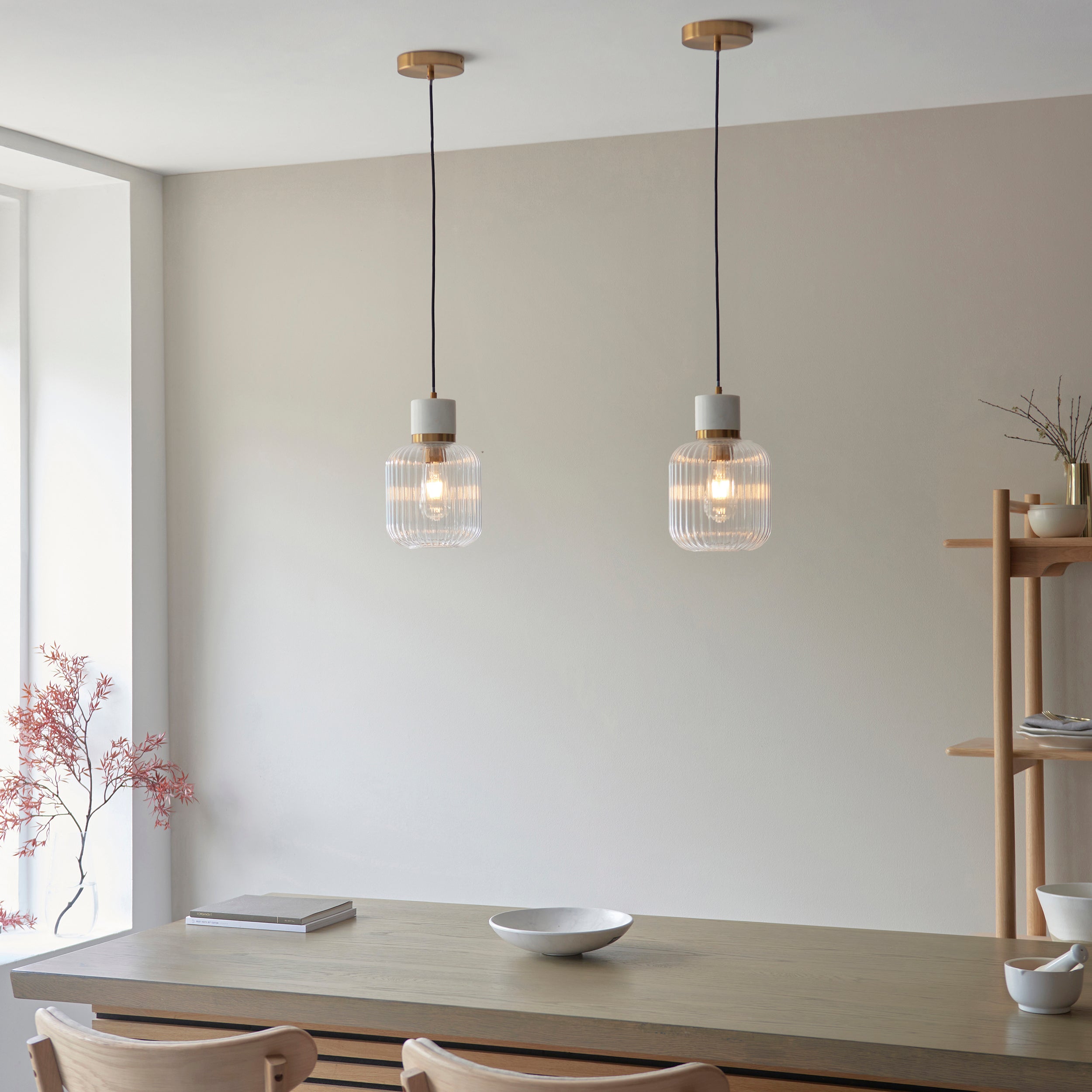 Endon Travi Ribbed Pendant - White Volakas Marble, Vintage Brass & Clear Ribbed Glass