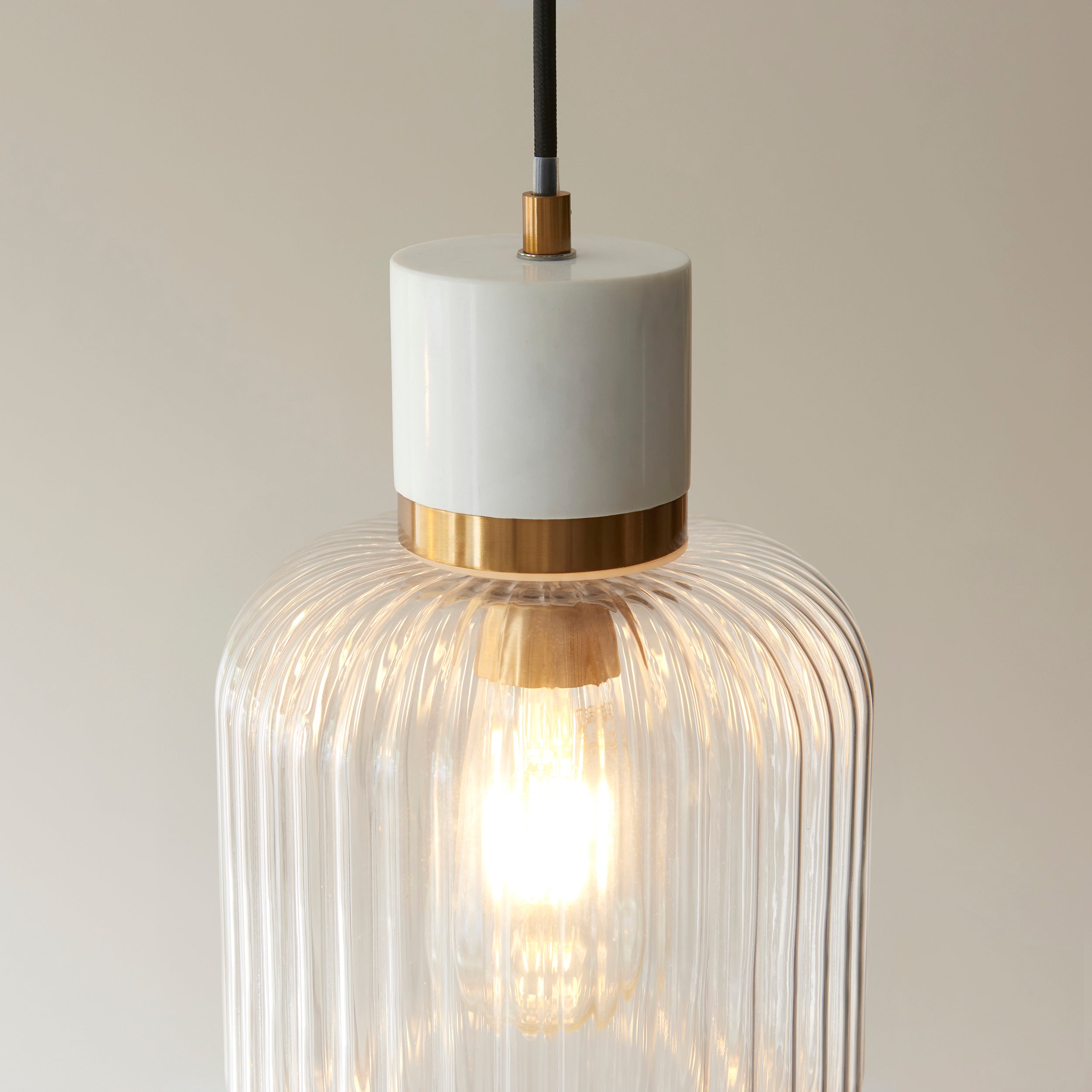 Endon Travi Ribbed Pendant - White Volakas Marble, Vintage Brass & Clear Ribbed Glass