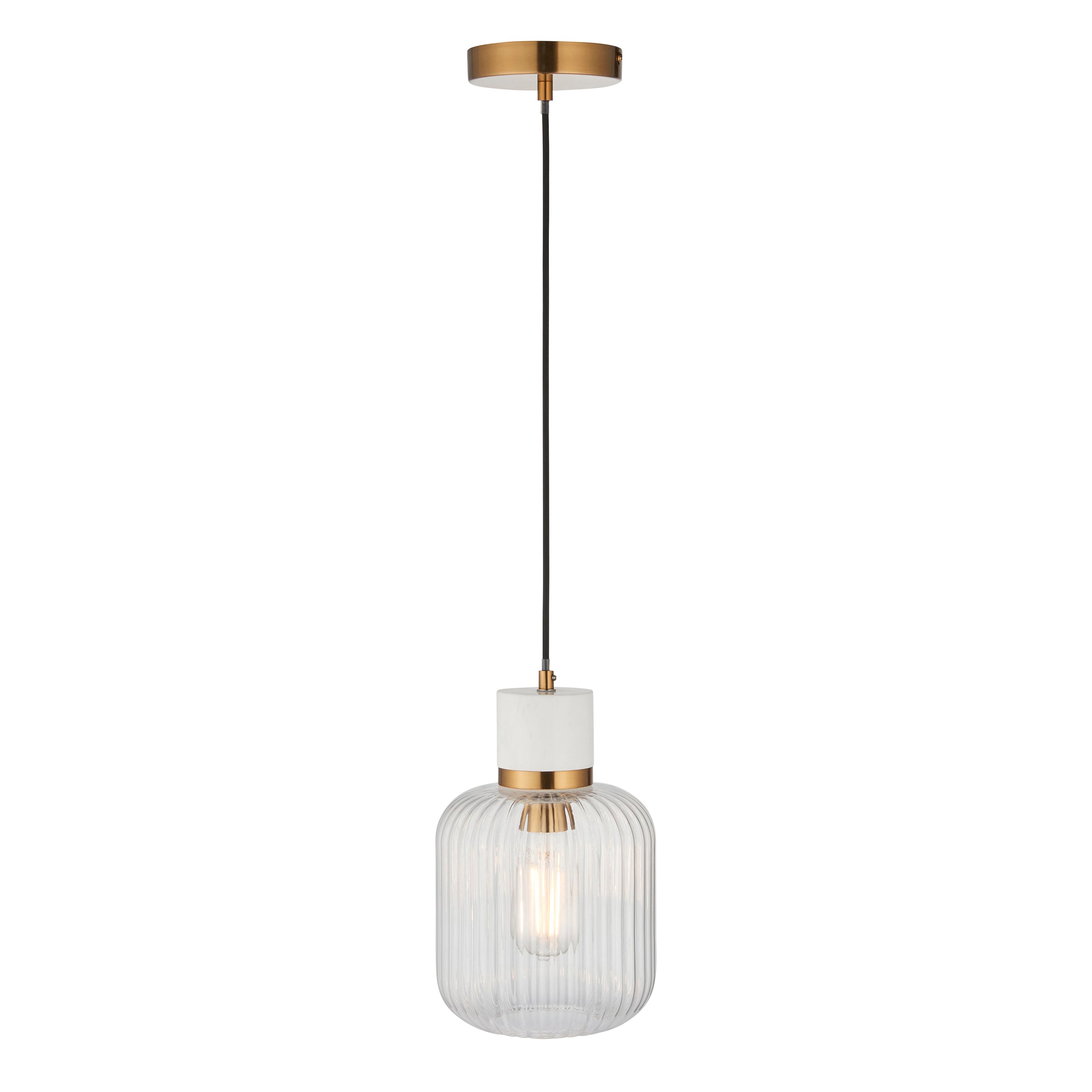 Endon Travi Ribbed Pendant - White Volakas Marble, Vintage Brass & Clear Ribbed Glass