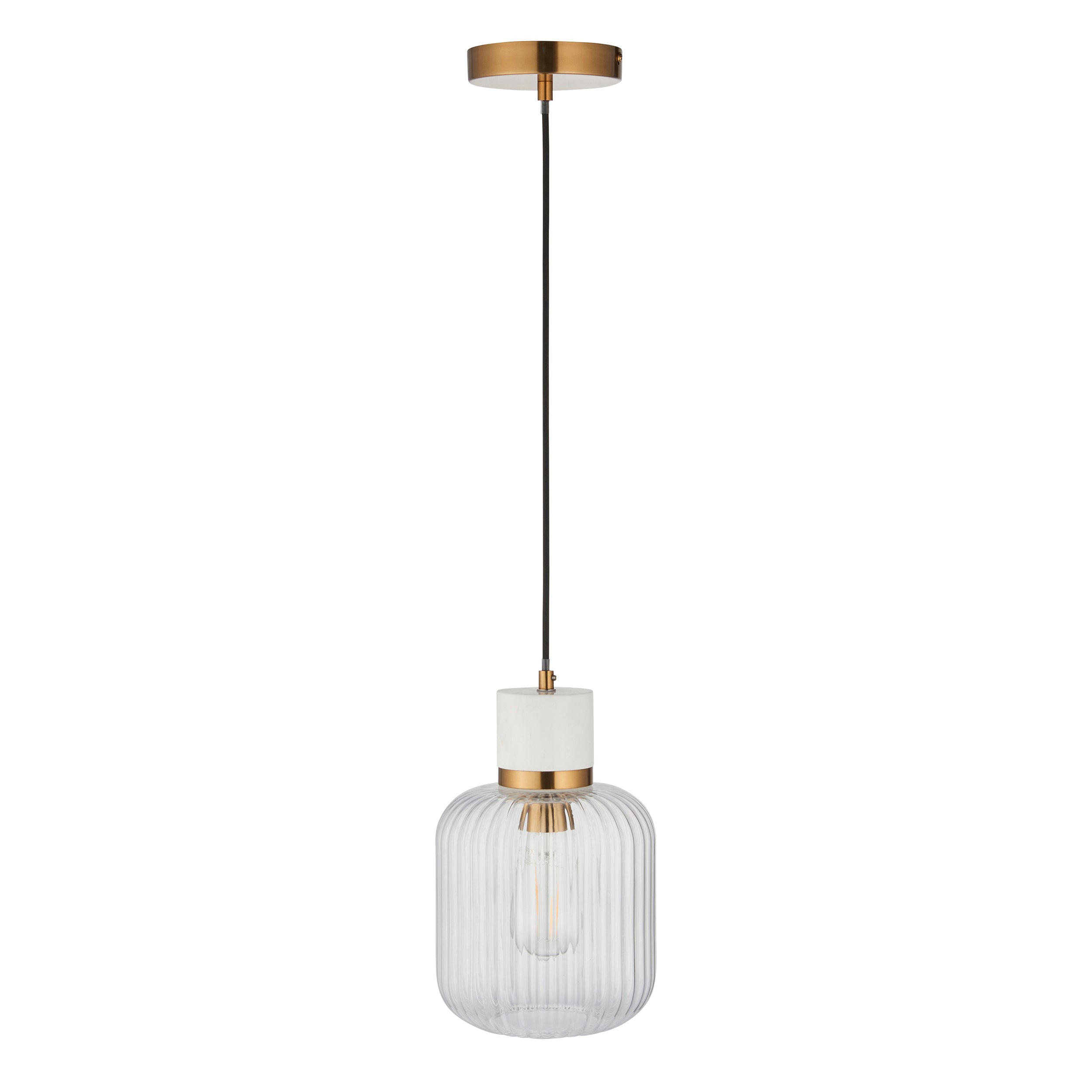 Endon Travi Ribbed Pendant - White Volakas Marble, Vintage Brass & Clear Ribbed Glass