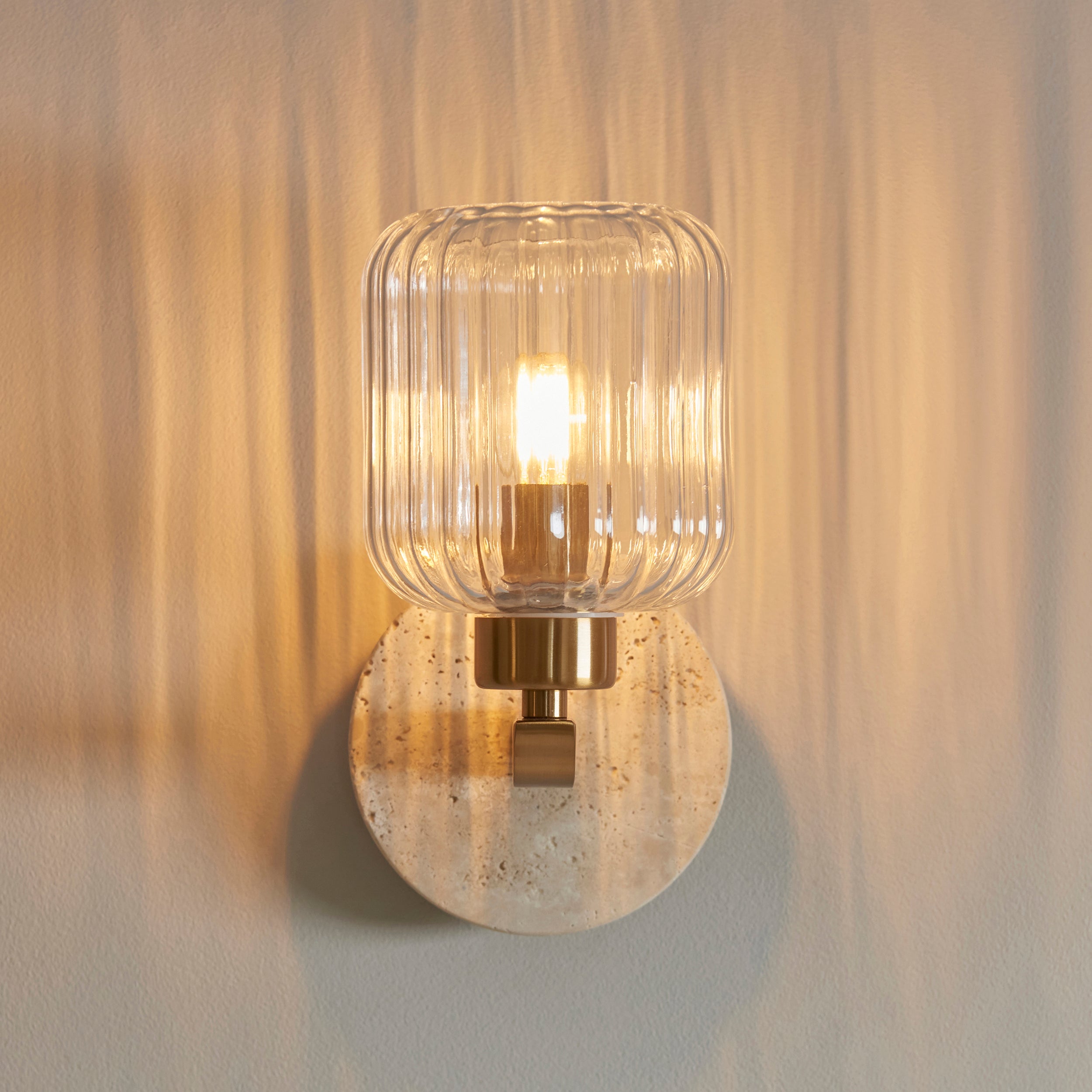 Endon Travi Ribbed Wall Light - Beige Textured Marble, Vintage Brass & Clear Ribbed Glass