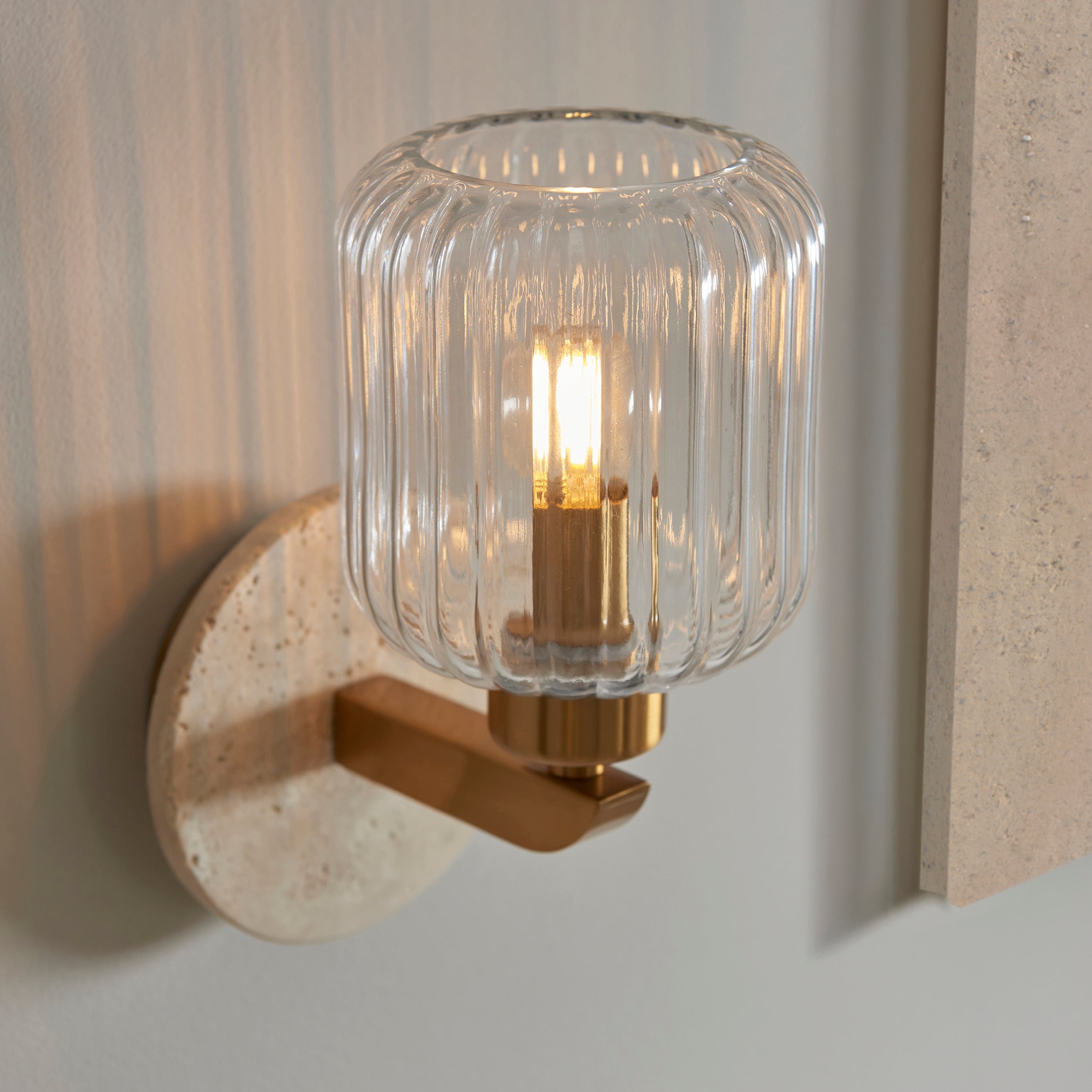 Endon Travi Ribbed Wall Light - Beige Textured Marble, Vintage Brass & Clear Ribbed Glass