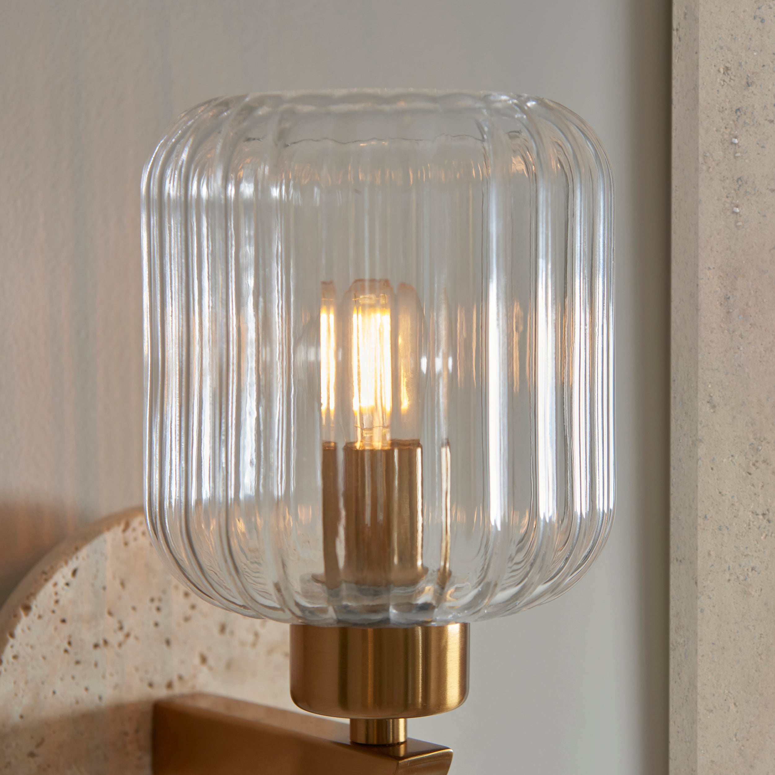 Endon Travi Ribbed Wall Light - Beige Textured Marble, Vintage Brass & Clear Ribbed Glass