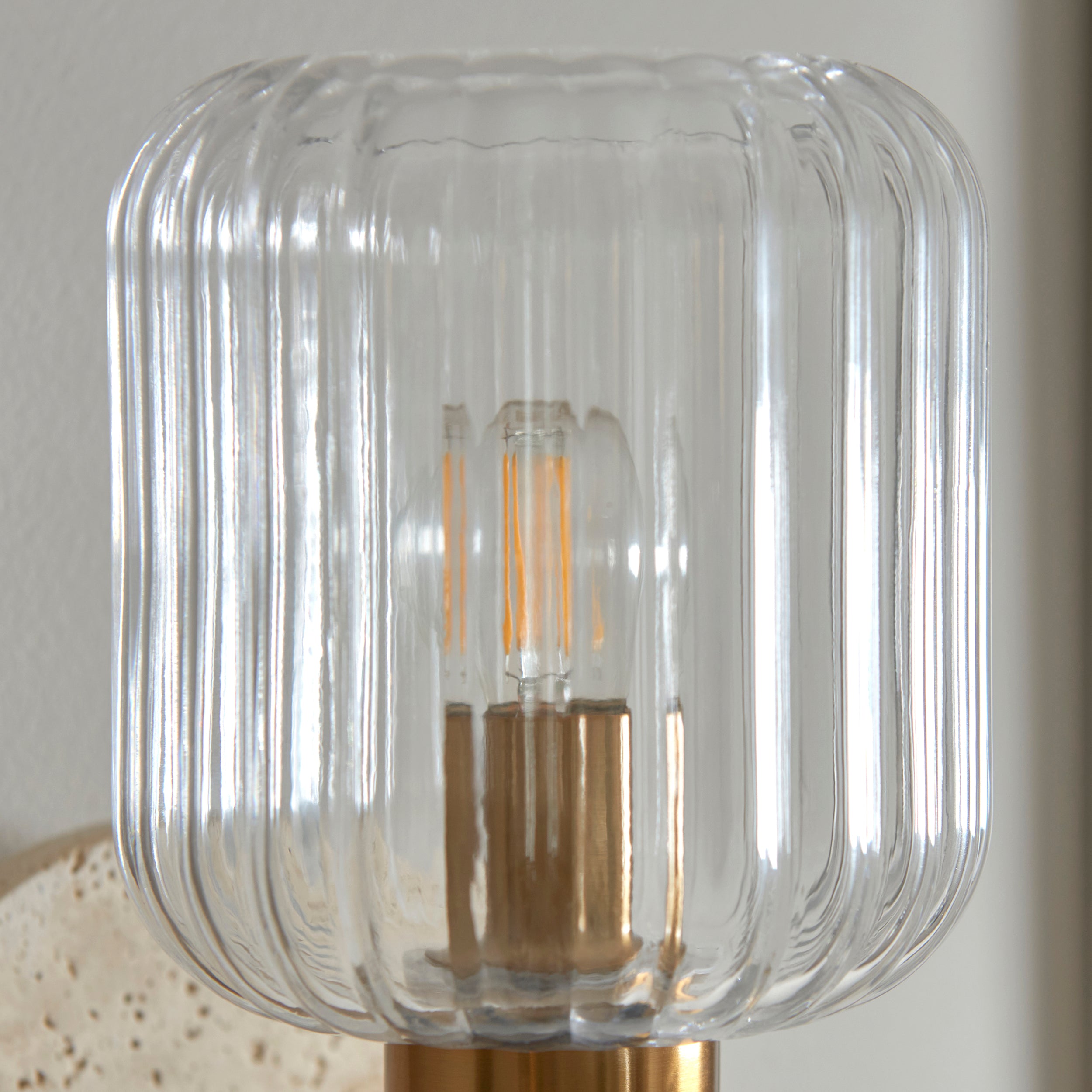 Endon Travi Ribbed Wall Light - Beige Textured Marble, Vintage Brass & Clear Ribbed Glass
