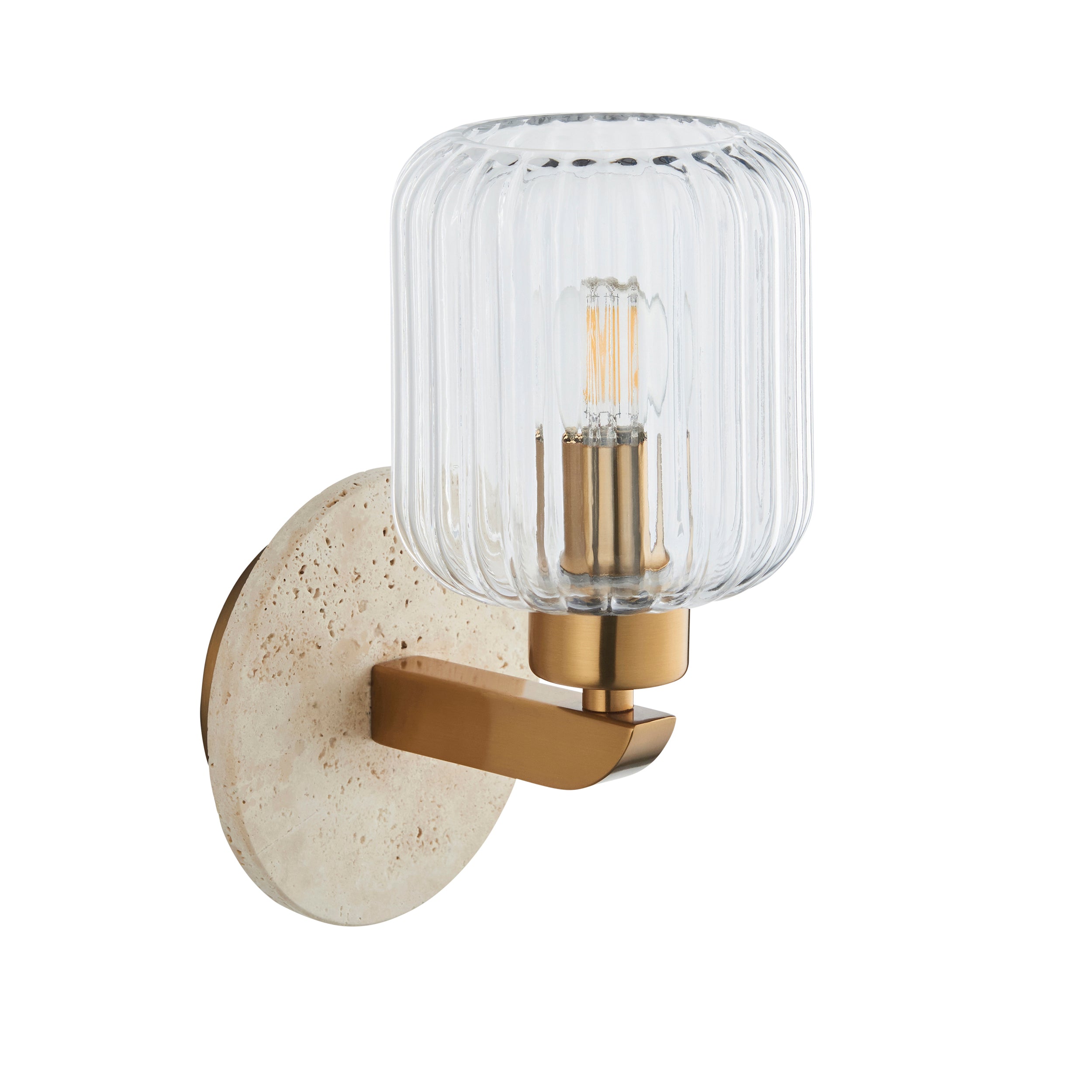 Endon Travi Ribbed Wall Light - Beige Textured Marble, Vintage Brass & Clear Ribbed Glass