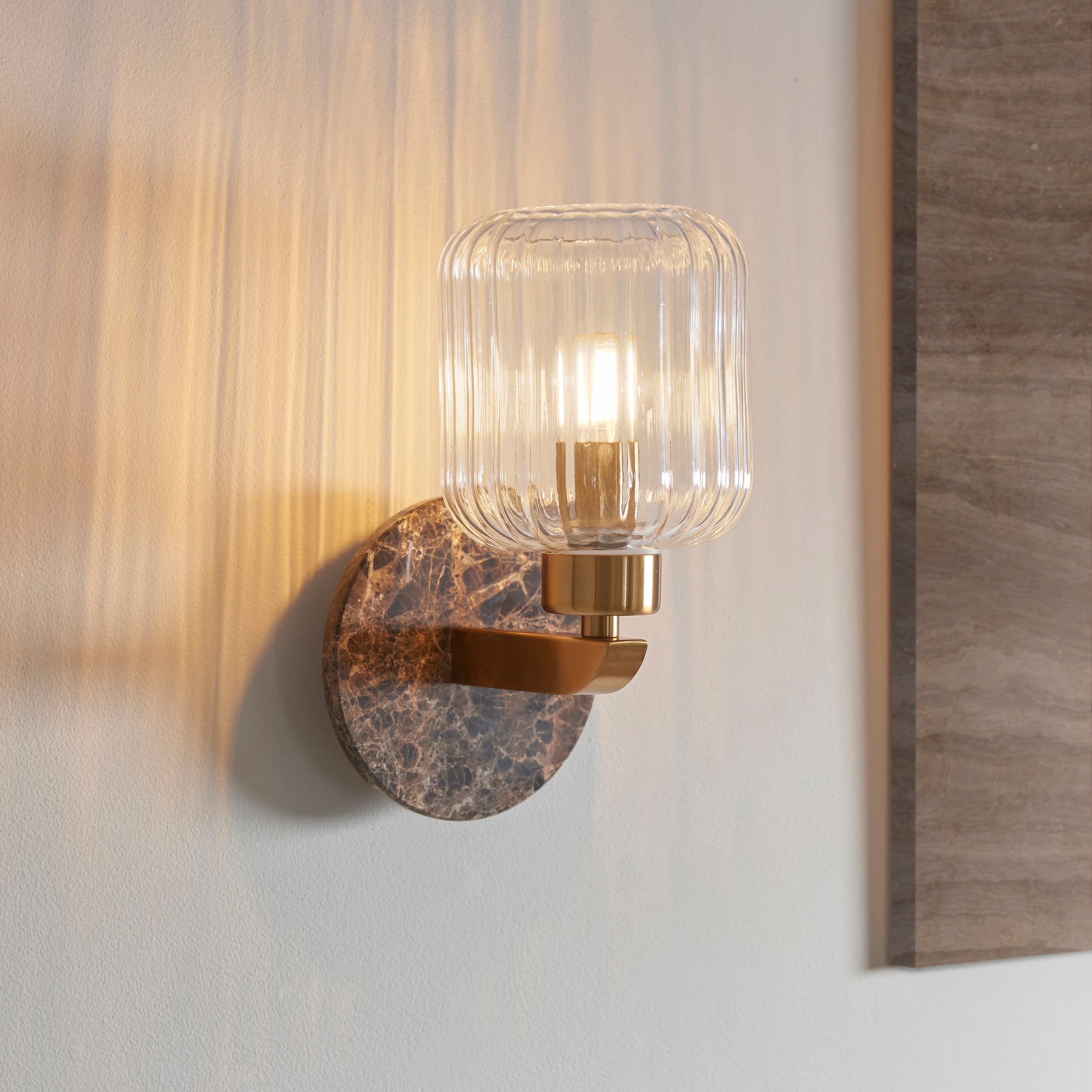 Endon Travi Ribbed Wall Light - Dark Brown Emperador Marble, Vintage Brass & Clear Ribbed Glass