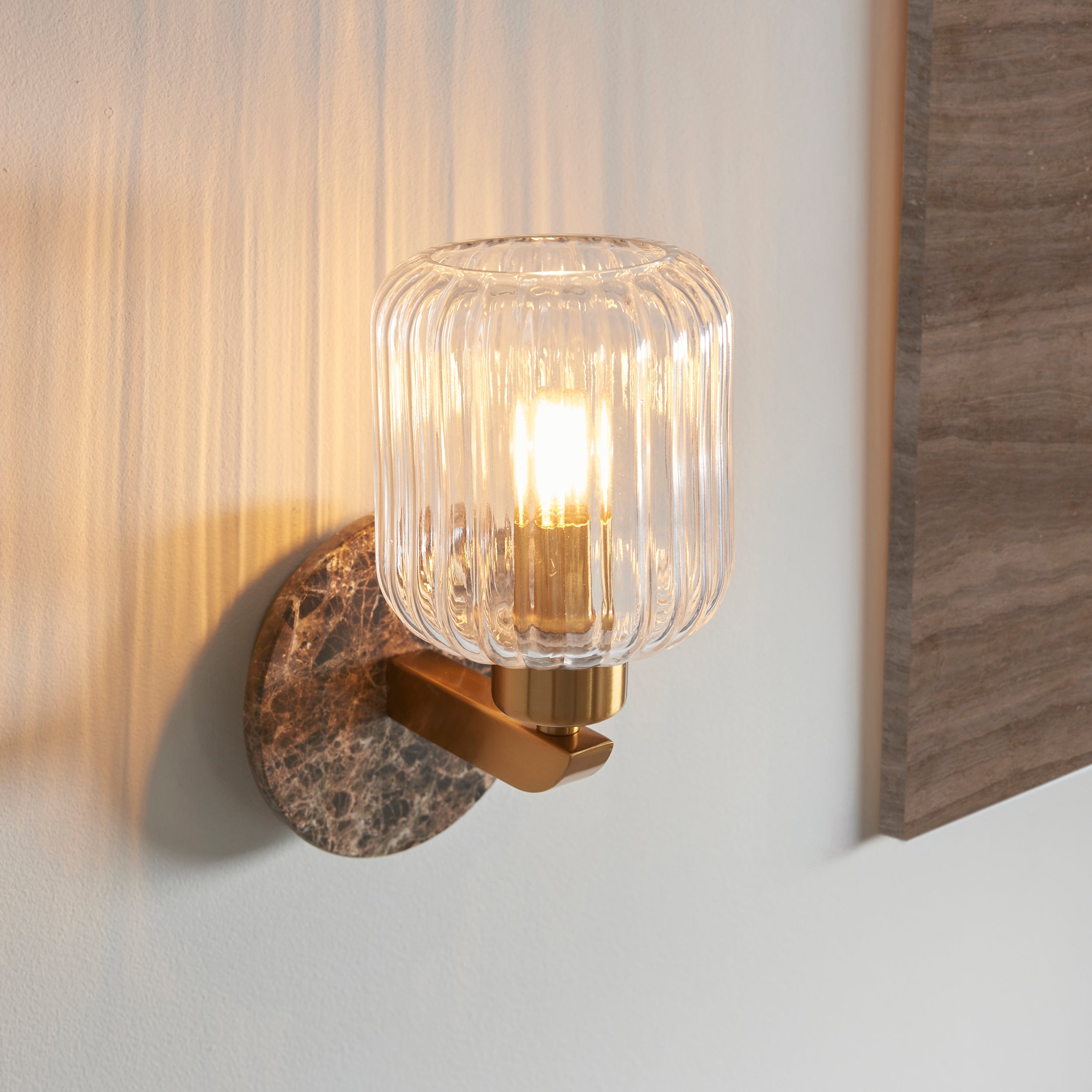 Endon Travi Ribbed Wall Light - Dark Brown Emperador Marble, Vintage Brass & Clear Ribbed Glass