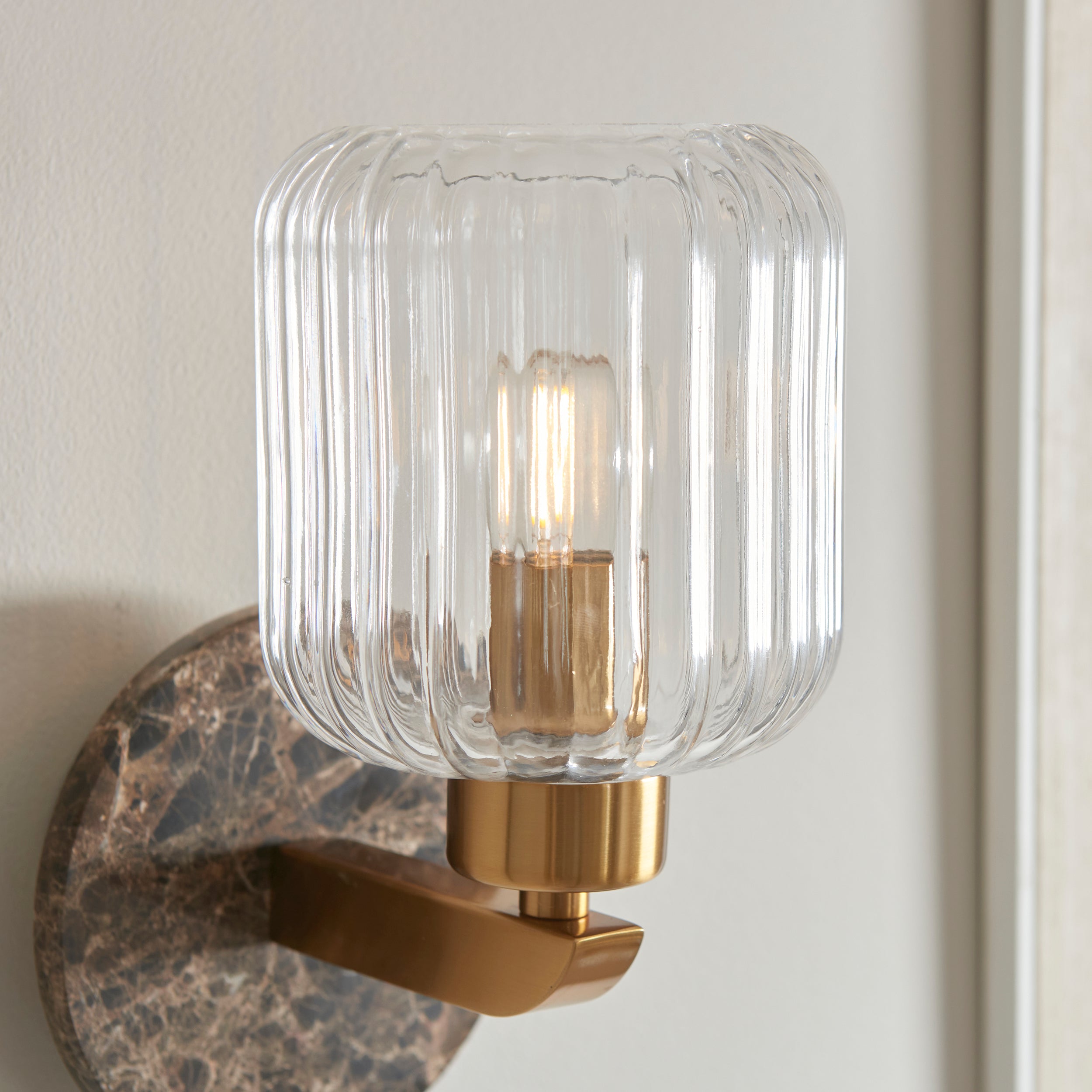 Endon Travi Ribbed Wall Light - Dark Brown Emperador Marble, Vintage Brass & Clear Ribbed Glass