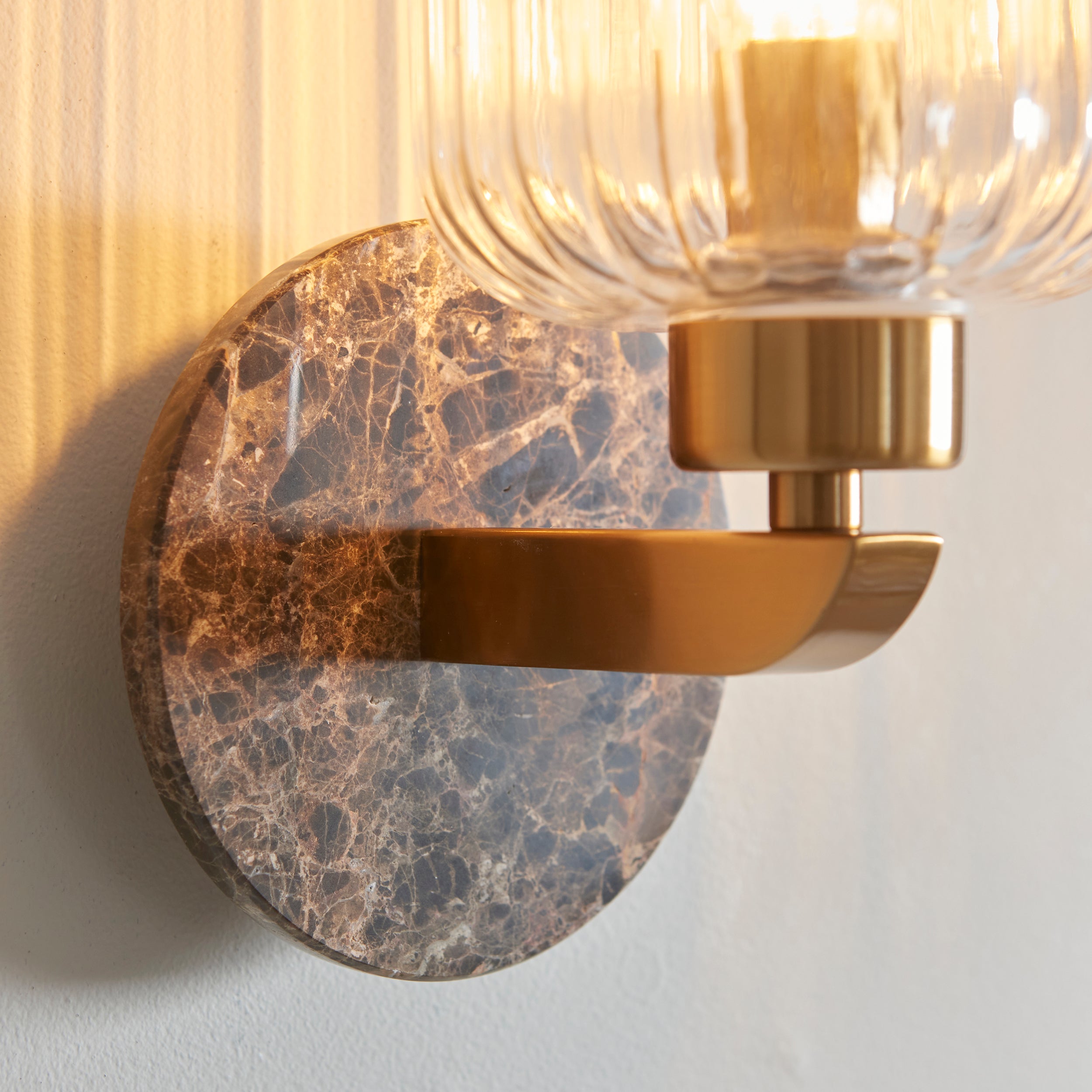 Endon Travi Ribbed Wall Light - Dark Brown Emperador Marble, Vintage Brass & Clear Ribbed Glass