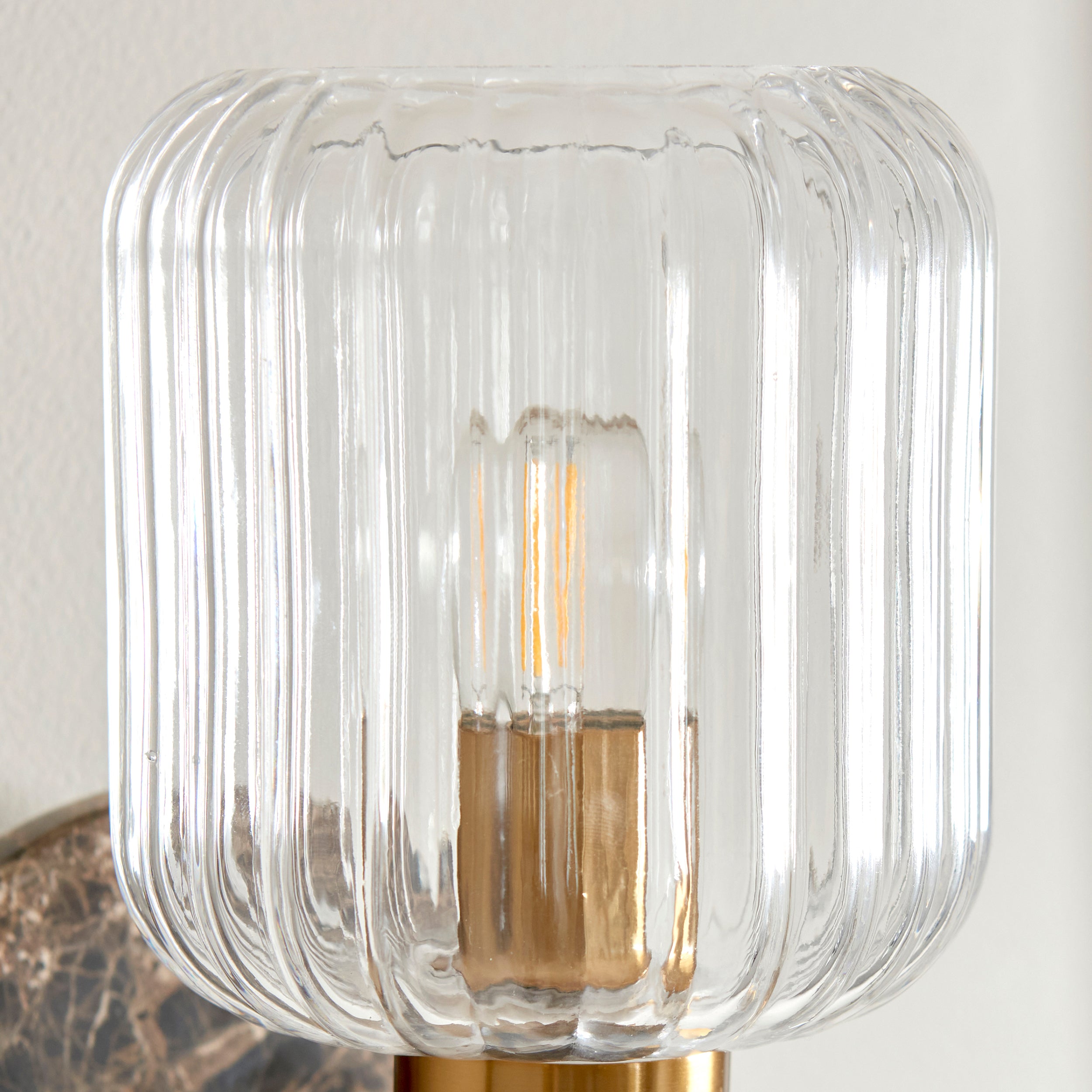 Endon Travi Ribbed Wall Light - Dark Brown Emperador Marble, Vintage Brass & Clear Ribbed Glass