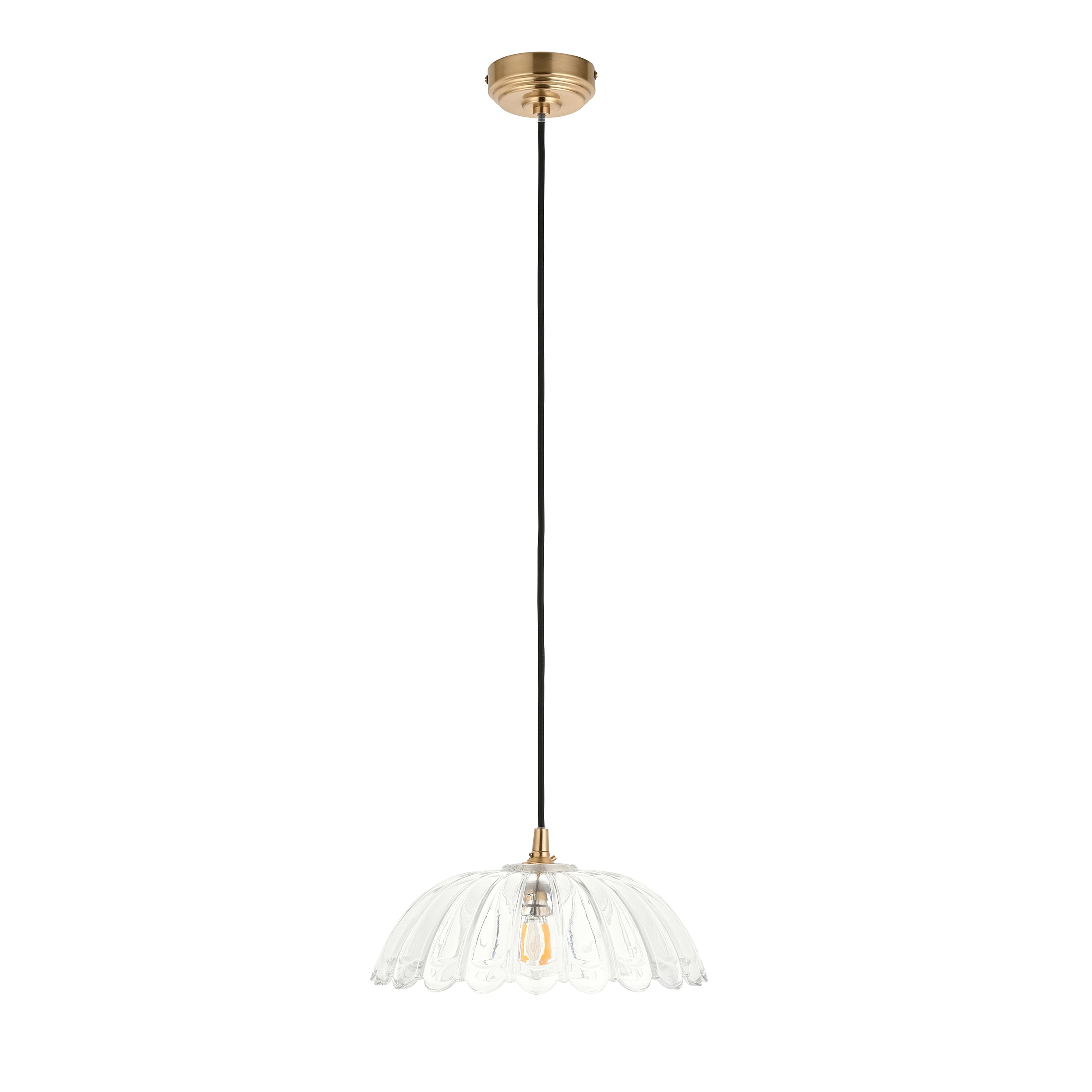 Endon Eltham & Carnation Pendant - Clear Glass & Brushed Aged Brass With Black Braided Cable