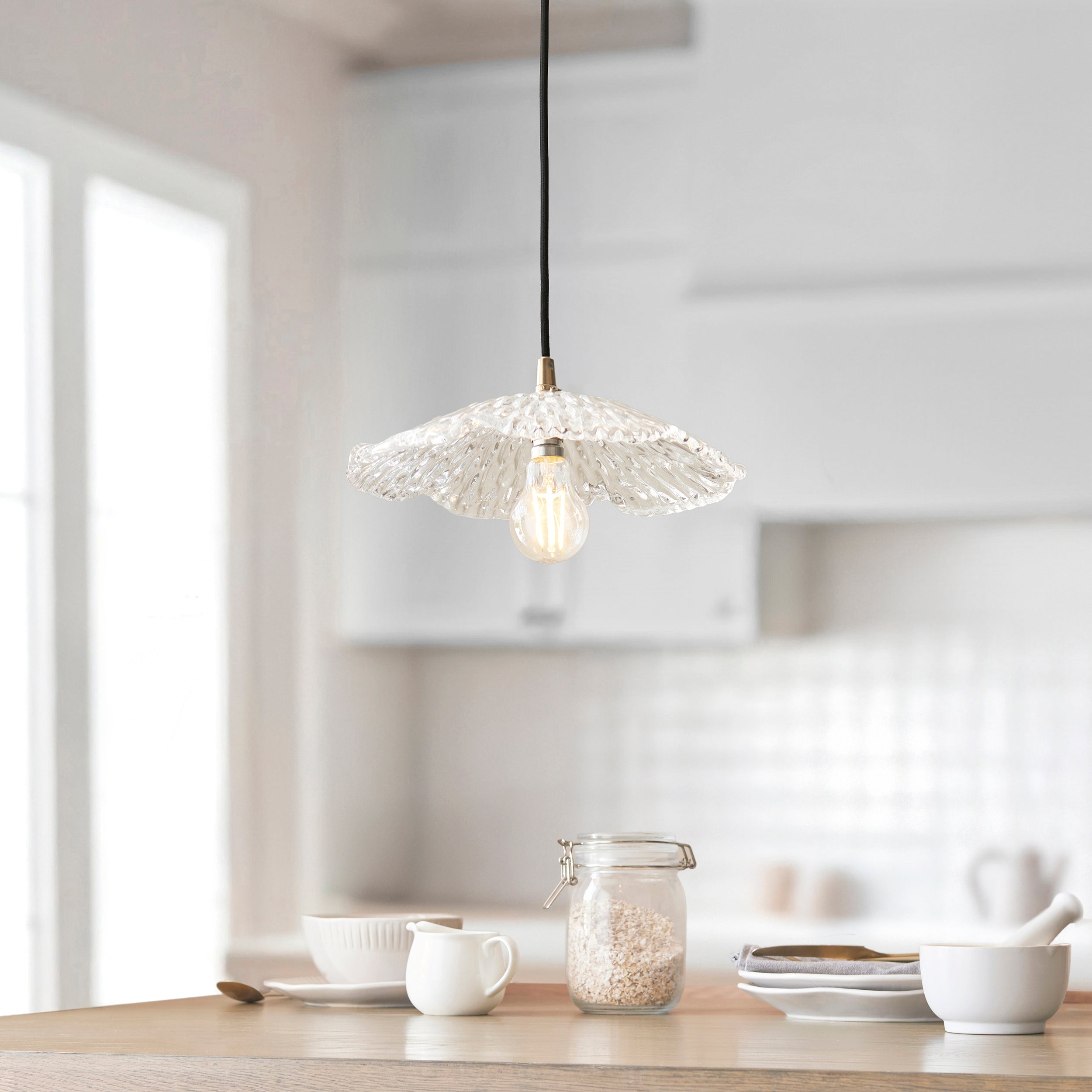 Endon Eltham & Orchid Pendant - Clear Glass & Brushed Aged Brass With Black Braided Cable