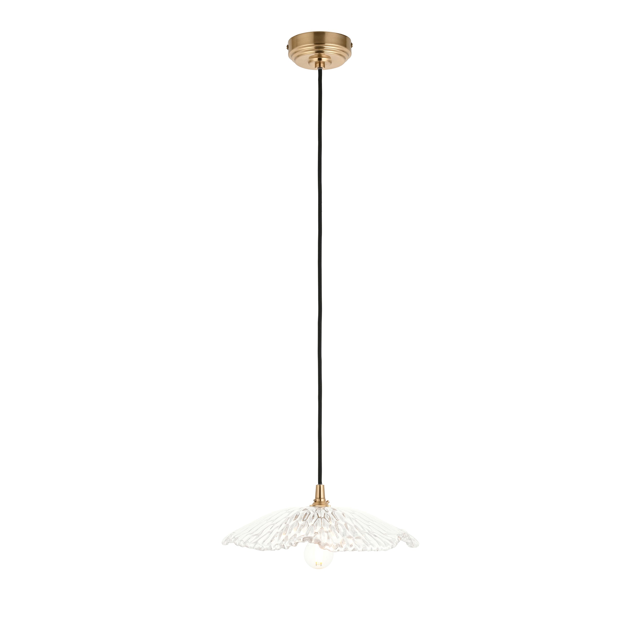 Endon Eltham & Orchid Pendant - Clear Glass & Brushed Aged Brass With Black Braided Cable