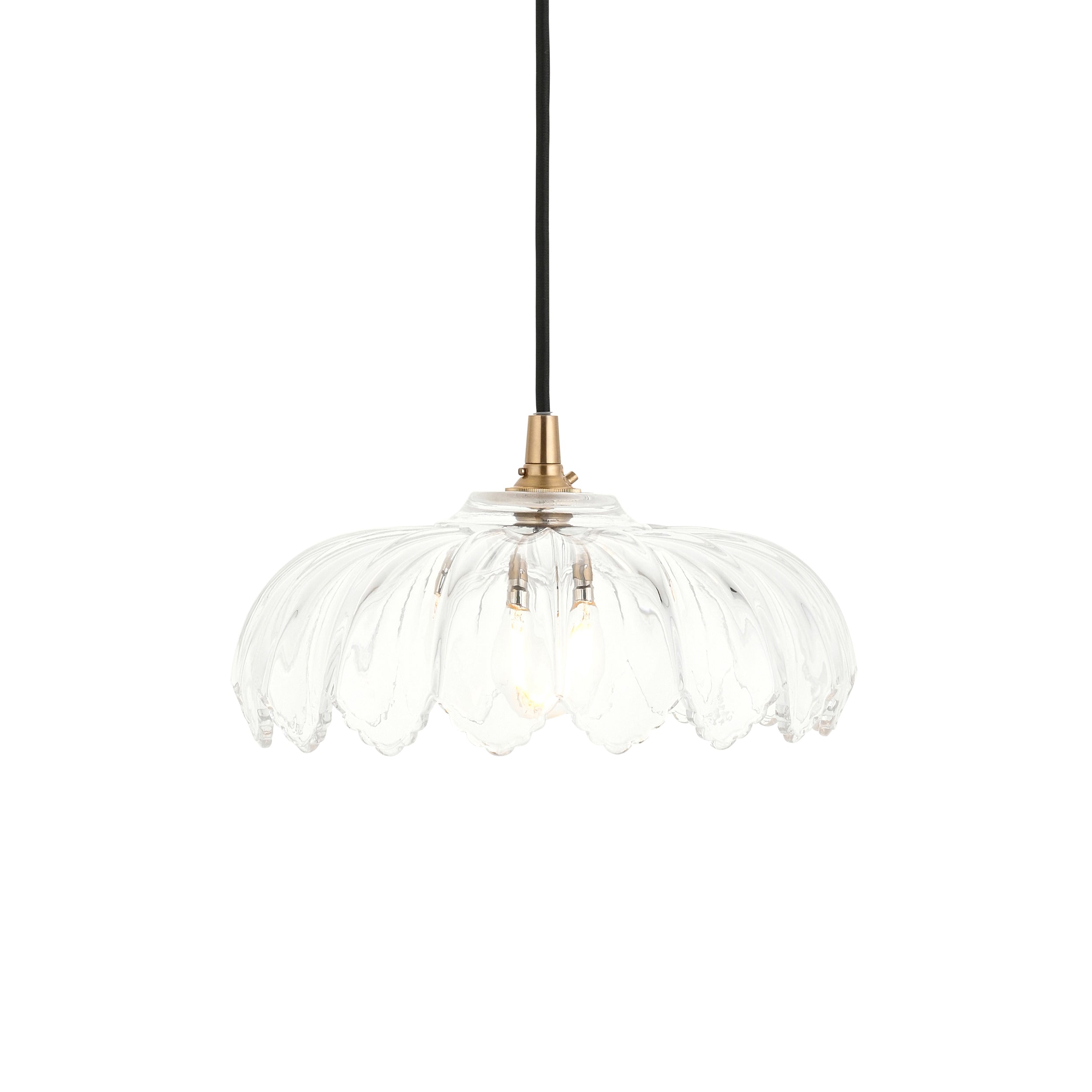 Endon Eltham & Camellia Pendant - Clear Glass, Brushed Aged Brass Plate & Black Braided Flex