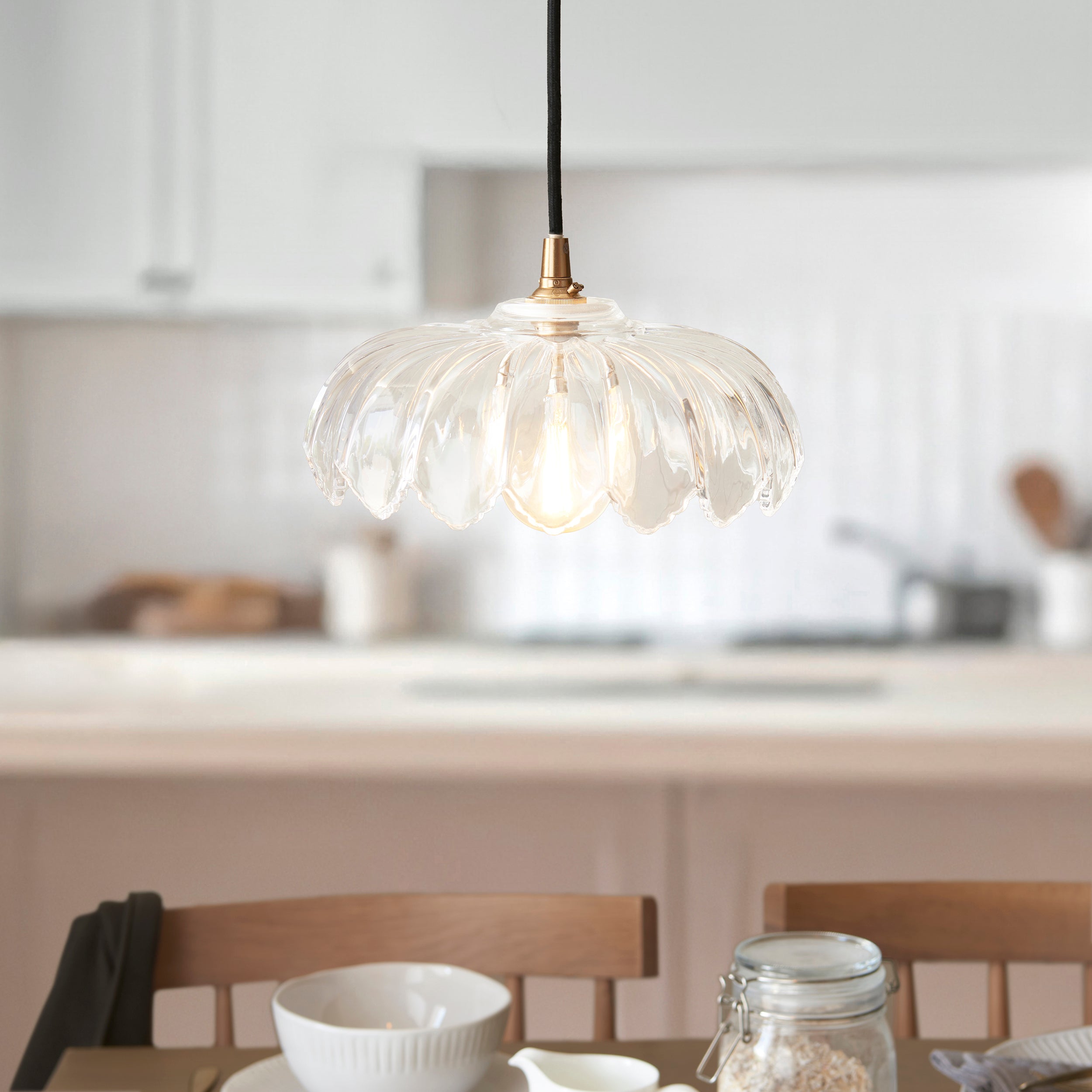 Endon Eltham & Camellia Pendant - Clear Glass, Brushed Aged Brass Plate & Black Braided Flex