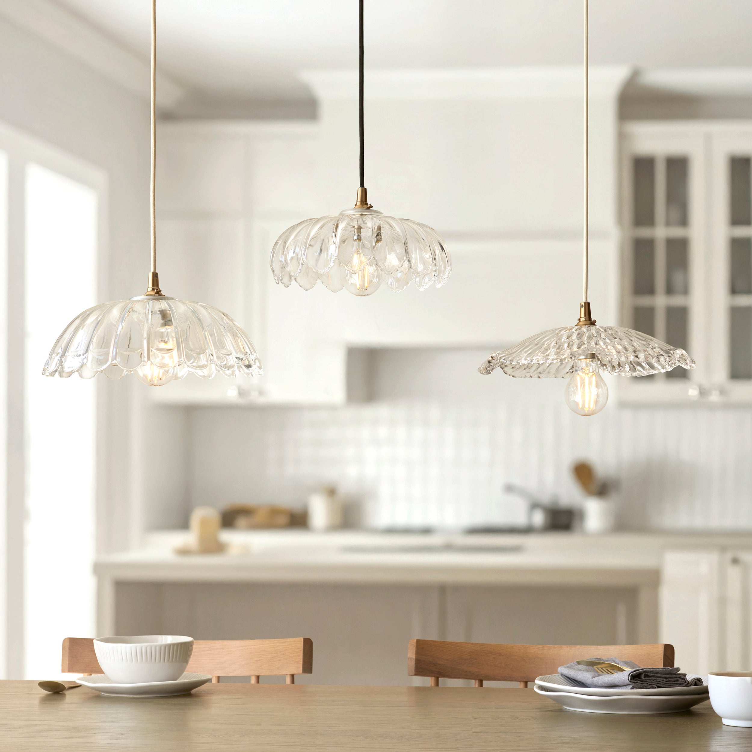 Endon Eltham & Camellia Pendant - Clear Glass, Brushed Aged Brass Plate & Black Braided Flex