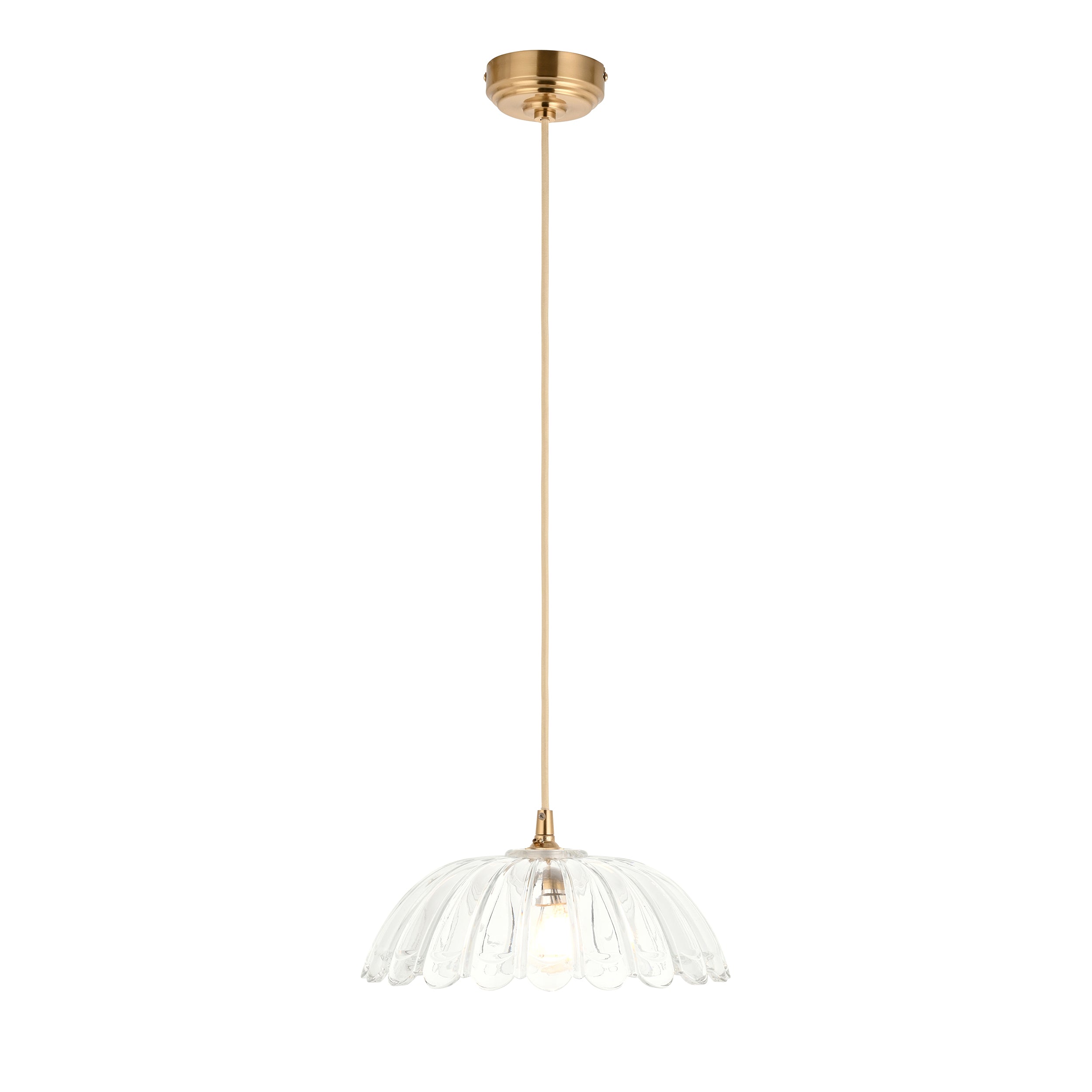 Endon Eltham & Carnation Pendant - Clear Glass & Brushed Aged Brass With Natural Braided Cable