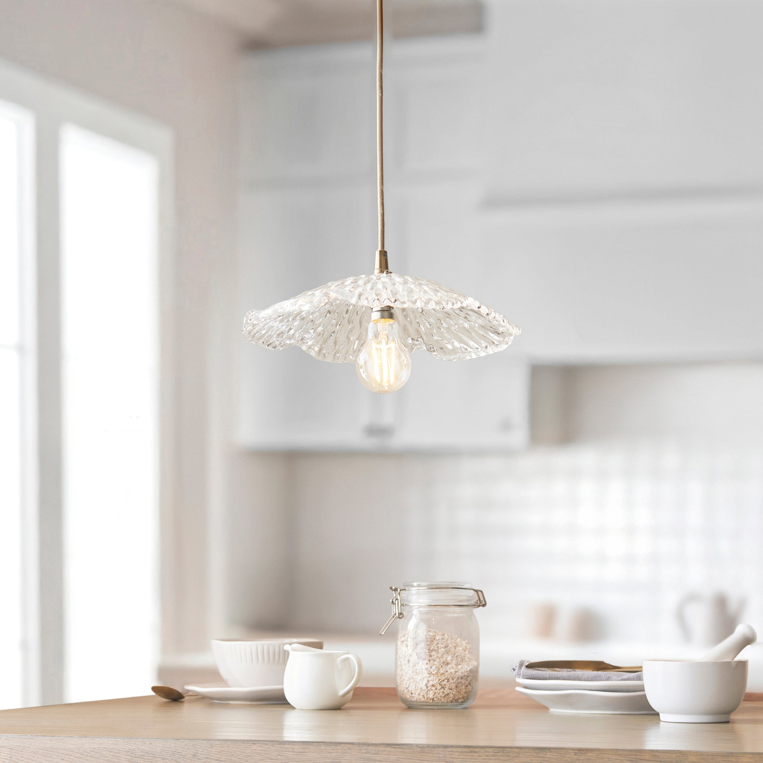 Endon Eltham & Orchid Pendant - Clear Glass & Brushed Aged Brass With Natural Braided Cable