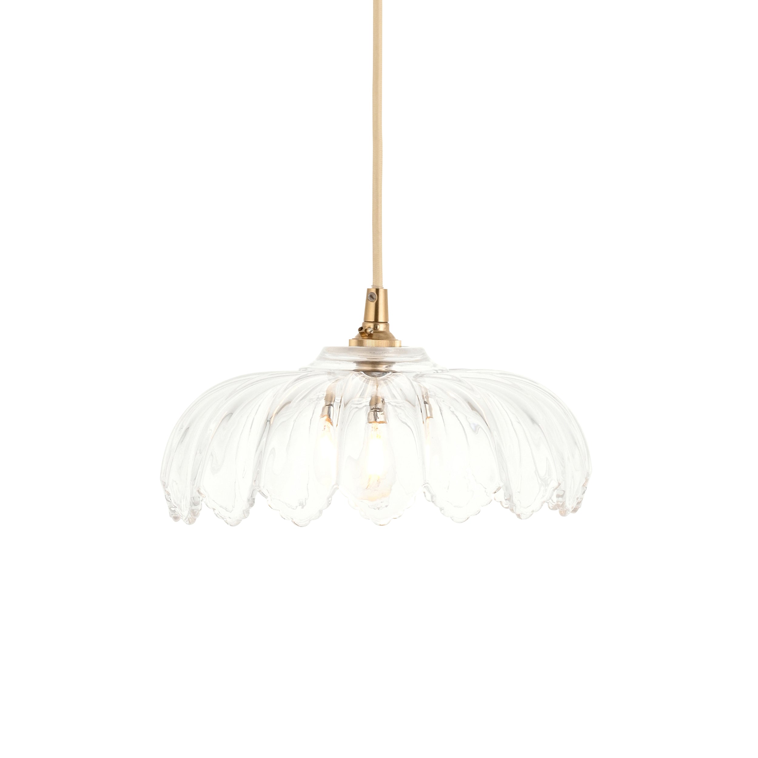Endon Eltham & Camellia Pendant - Clear Glass & Brushed Aged Brass With Natural Braided Cable