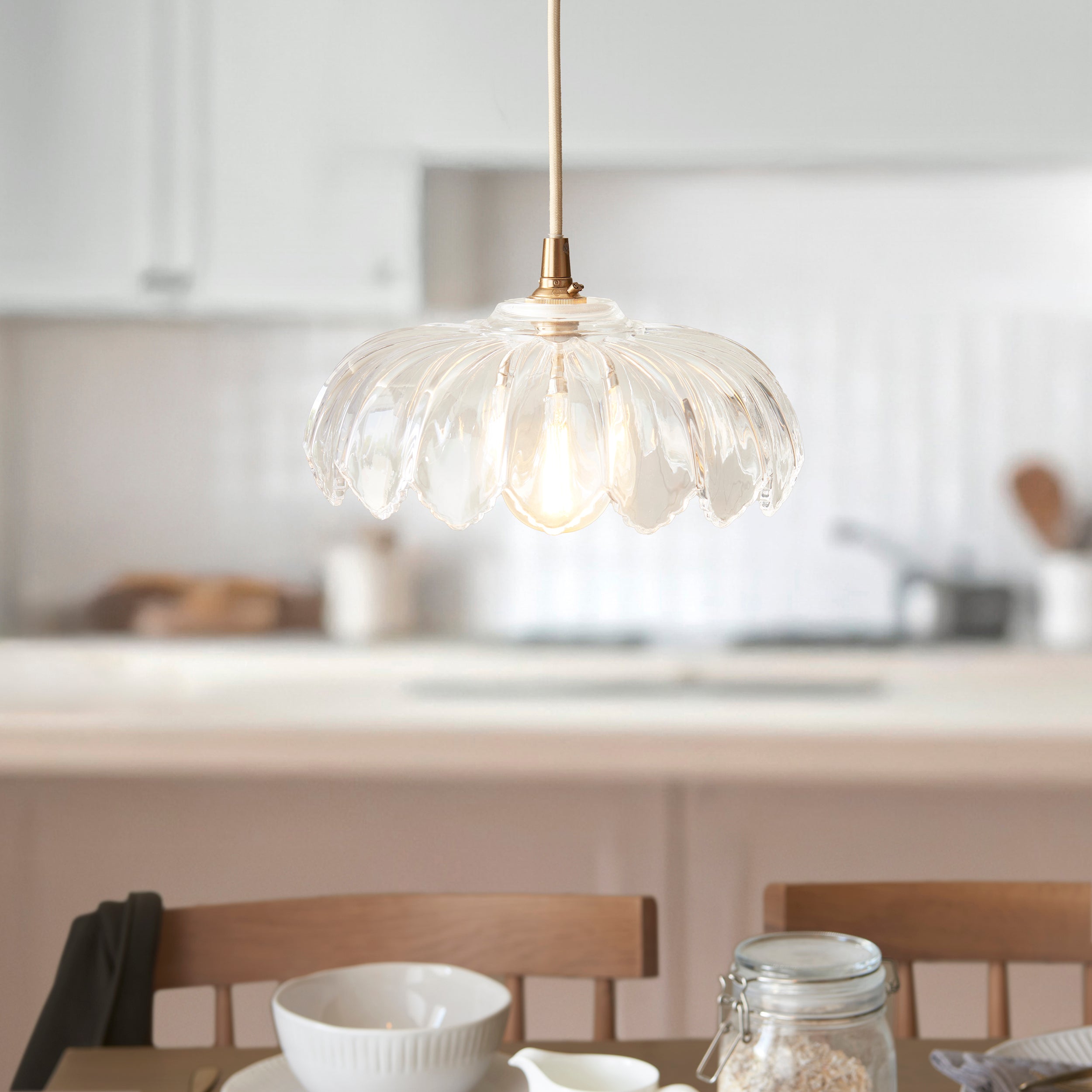 Endon Eltham & Camellia Pendant - Clear Glass & Brushed Aged Brass With Natural Braided Cable