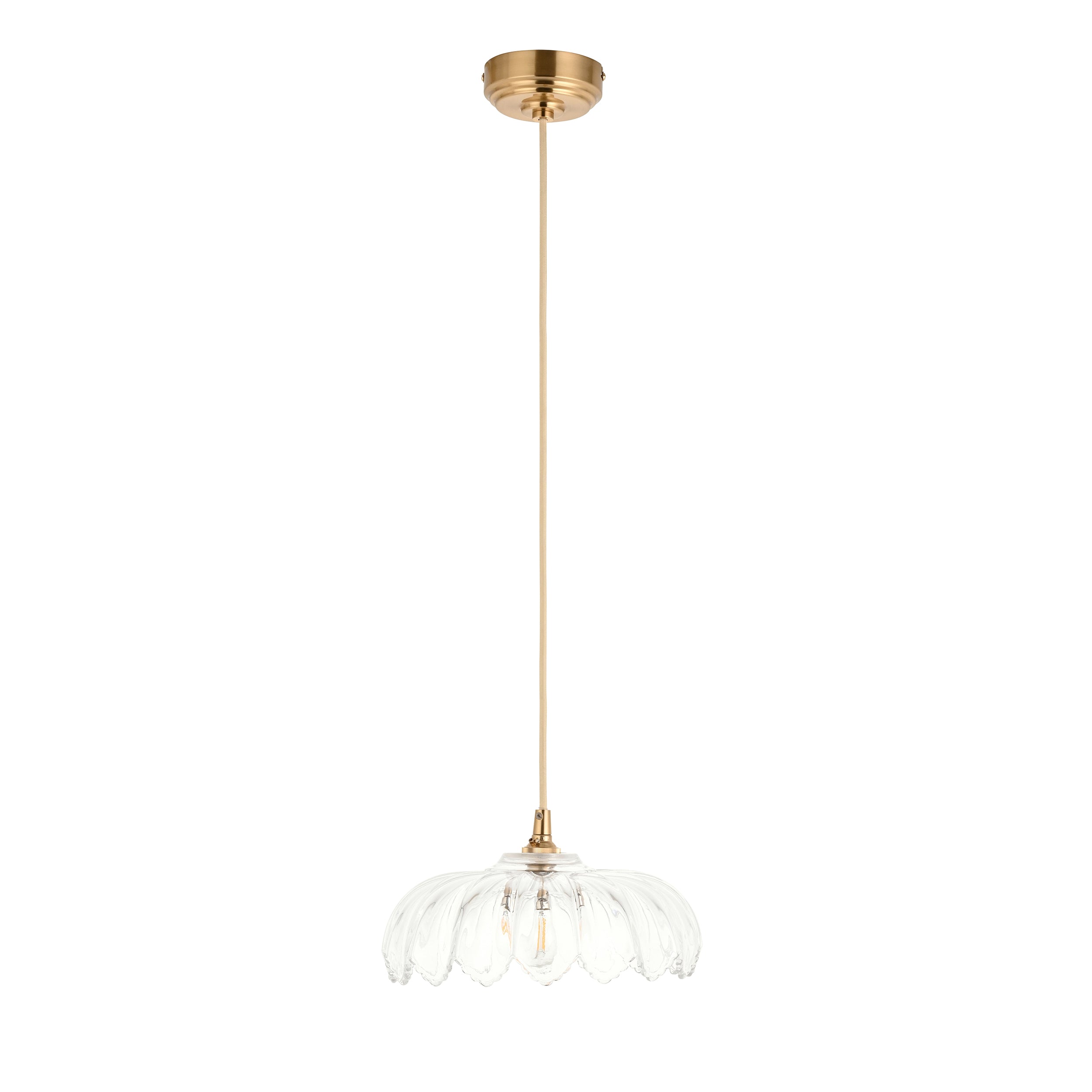 Endon Eltham & Camellia Pendant - Clear Glass & Brushed Aged Brass With Natural Braided Cable