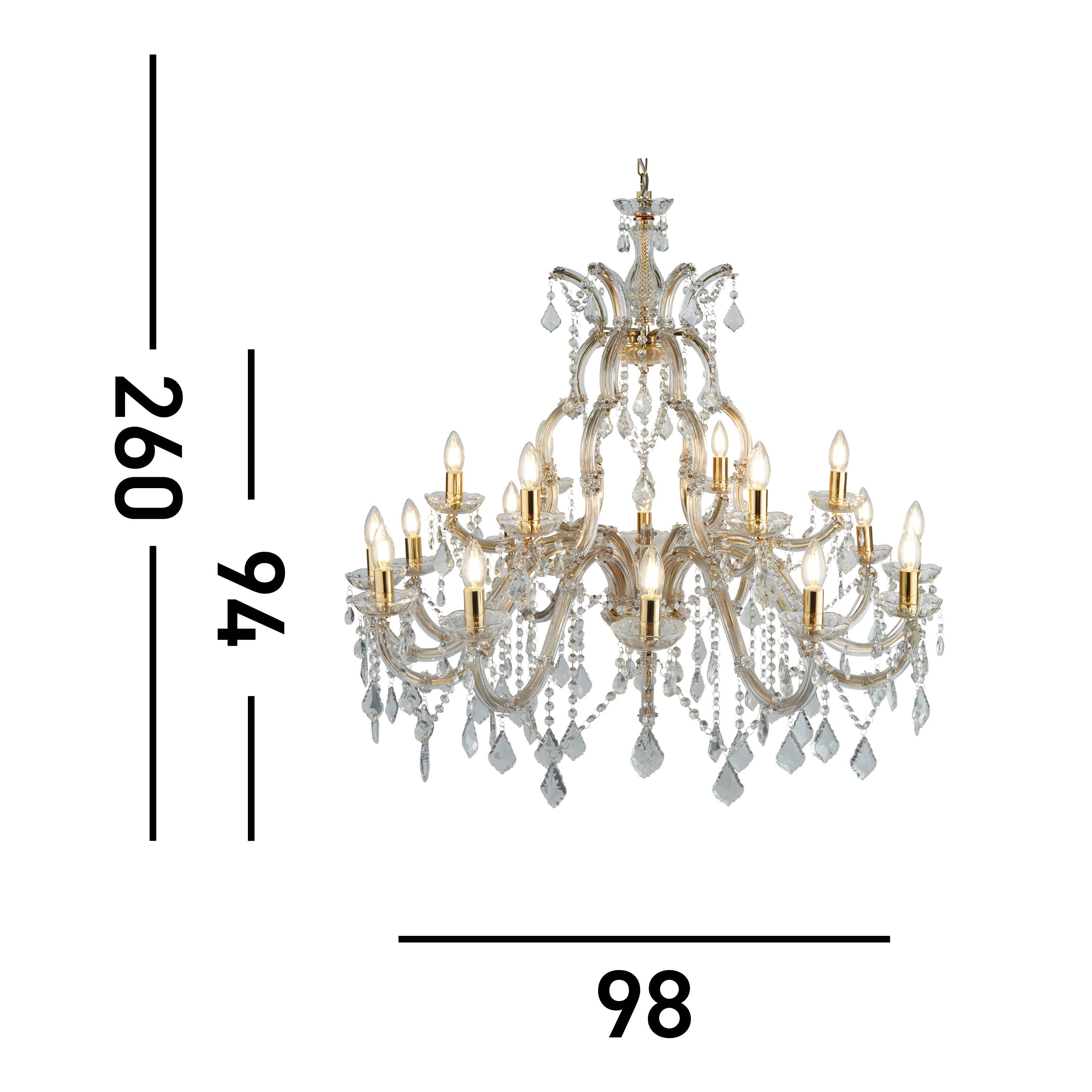 Searchlight Maple 18 Light Chandelier - Polished Brass & Clear Crystal