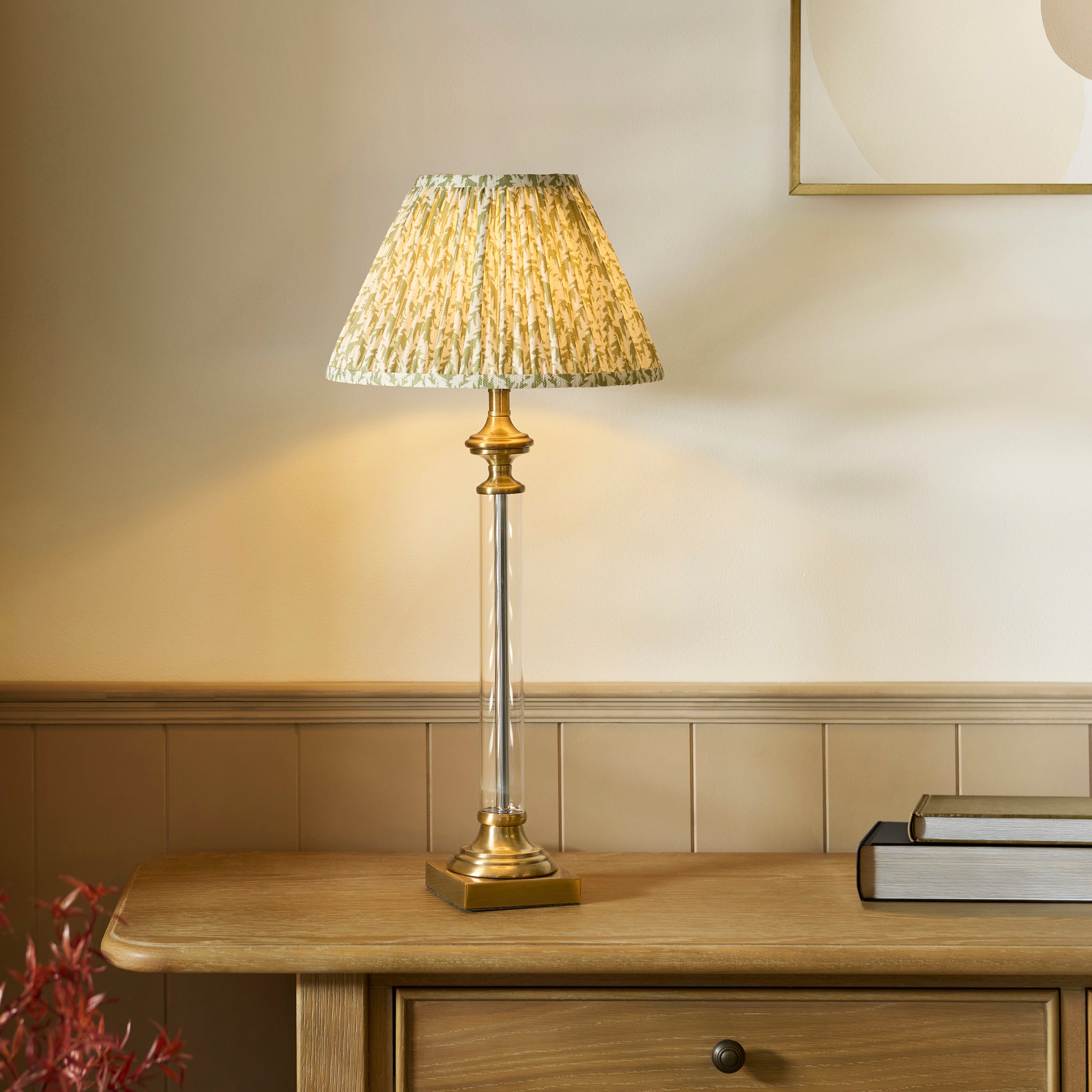 Endon Avebury & Leaf 30cm Table   - Antique Brass Plate & Herb Garden Green Fabric