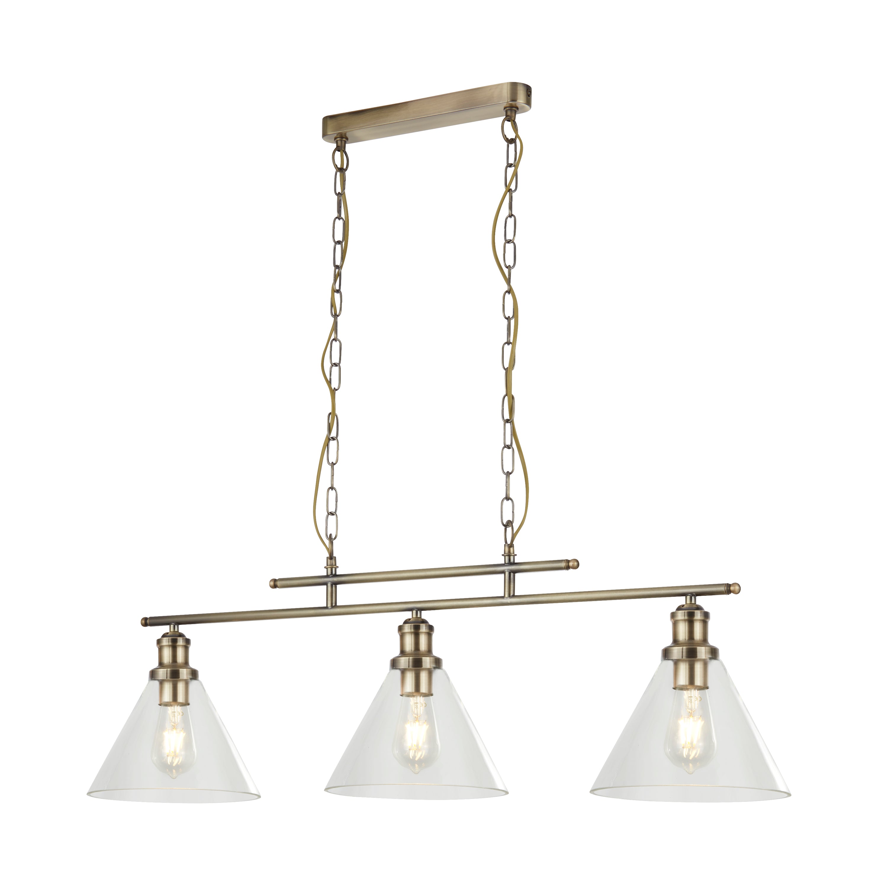 Searchlight Picton 3 Light Pendant Antique Brass, Clear Glass Shade